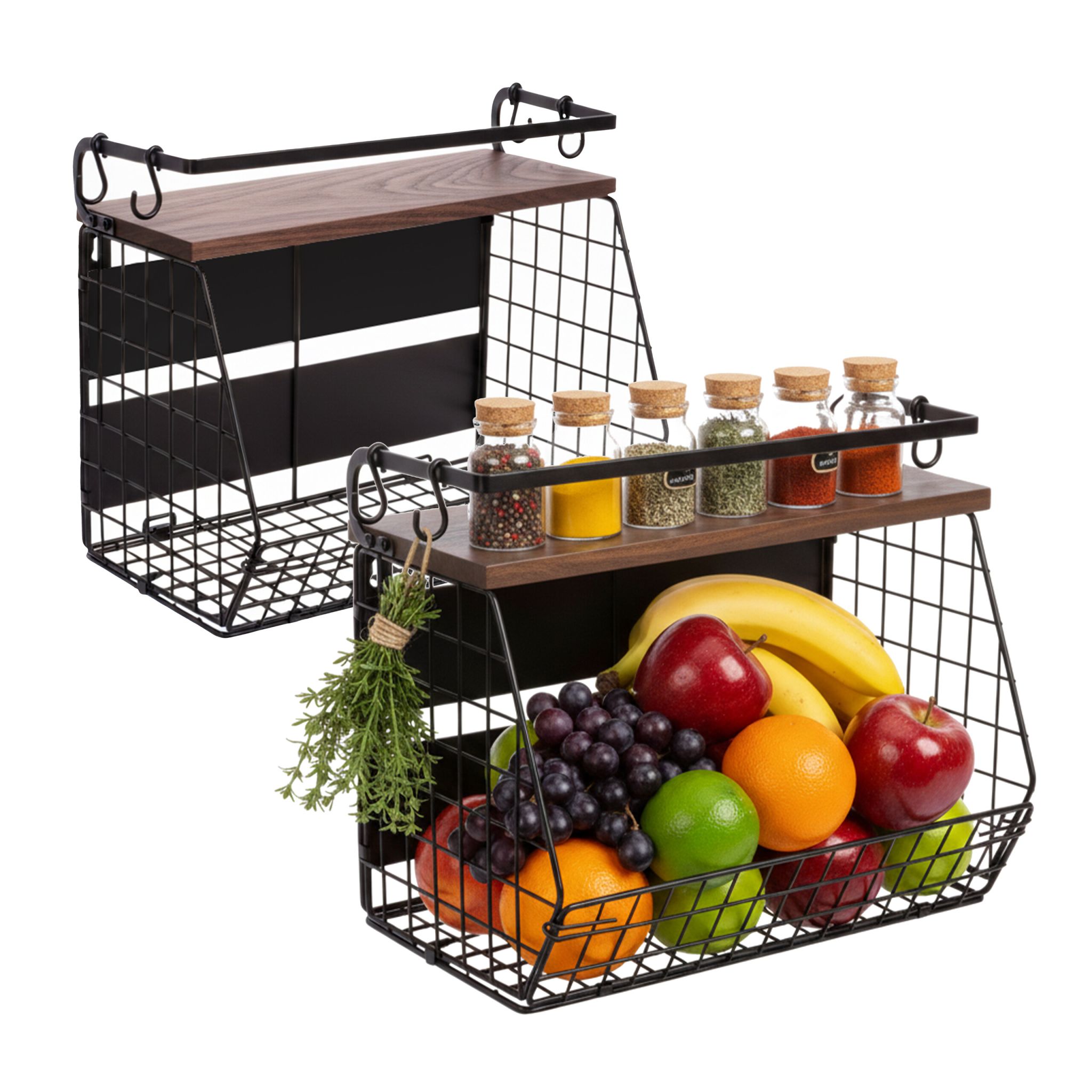 Obstkorb Wandregal magnetisch 2er-Set Dunkelbraun-Schwarz