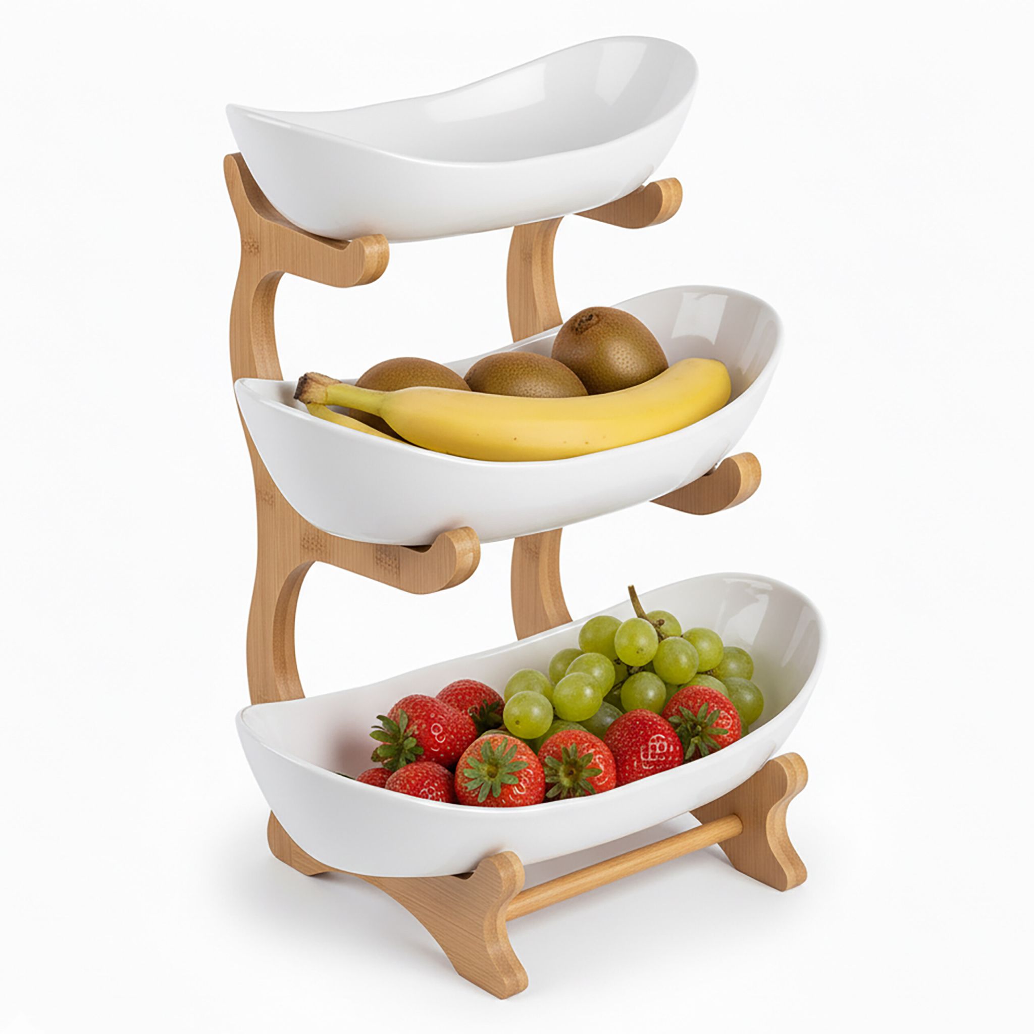 Obst Etagere Bambus Kunststoff 3 Etagen Weiss-Hellbraun