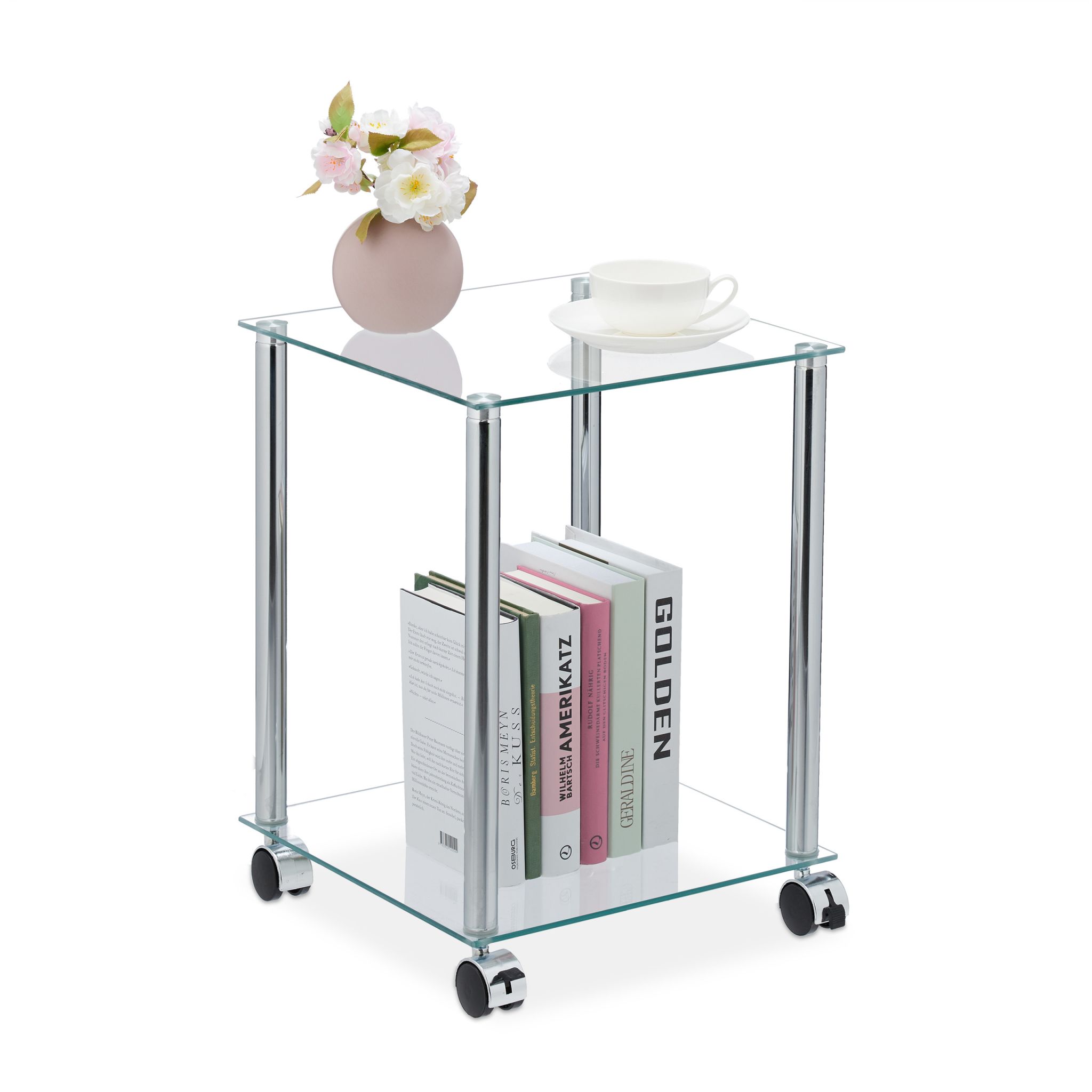 Glas Beistelltisch mit Rollen Schwarz-Silber-Transparent