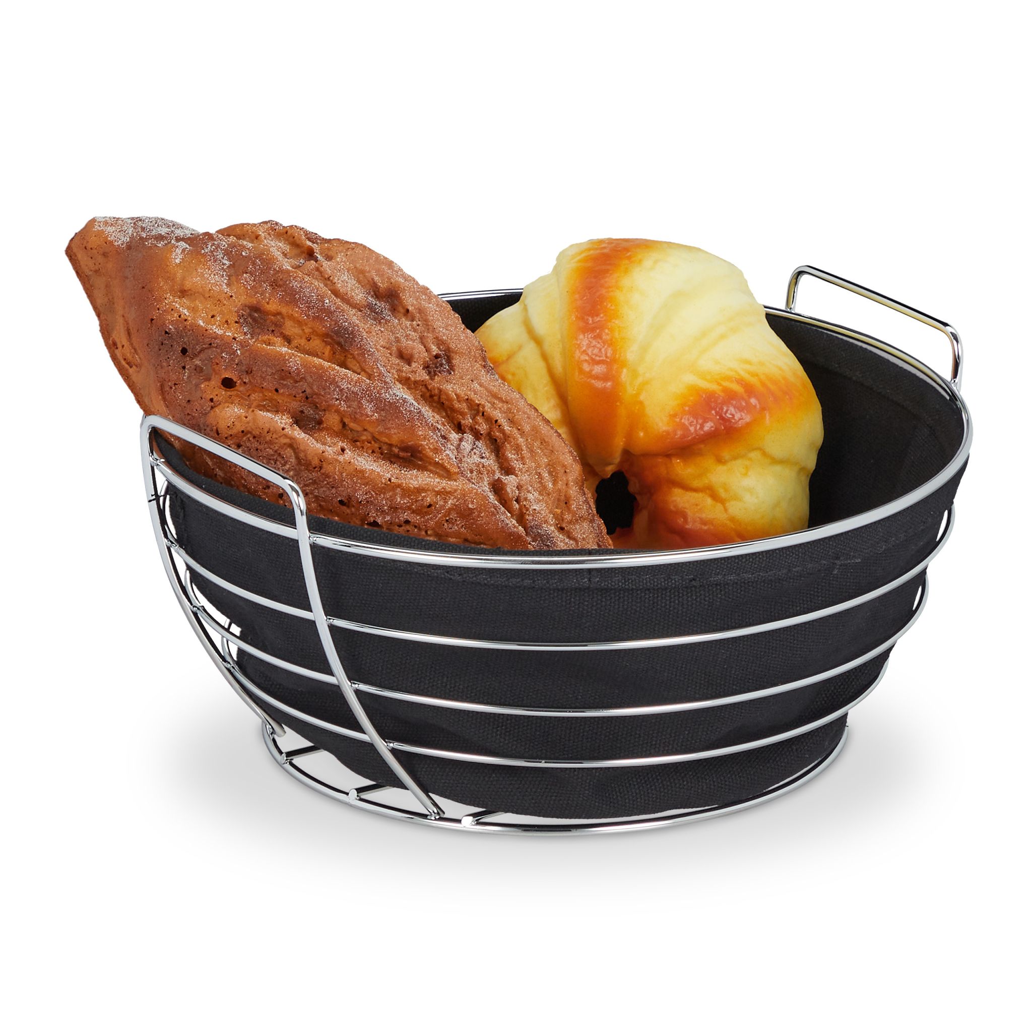 Runder Brotkorb Metall mit Stoffeinsatz Schwarz-Silber