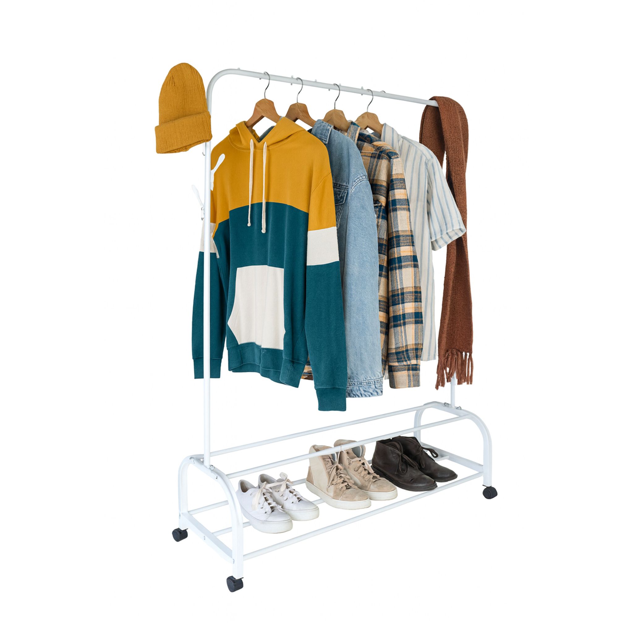 Kleiderständer rollbar mit 2 Ablagen Weiss