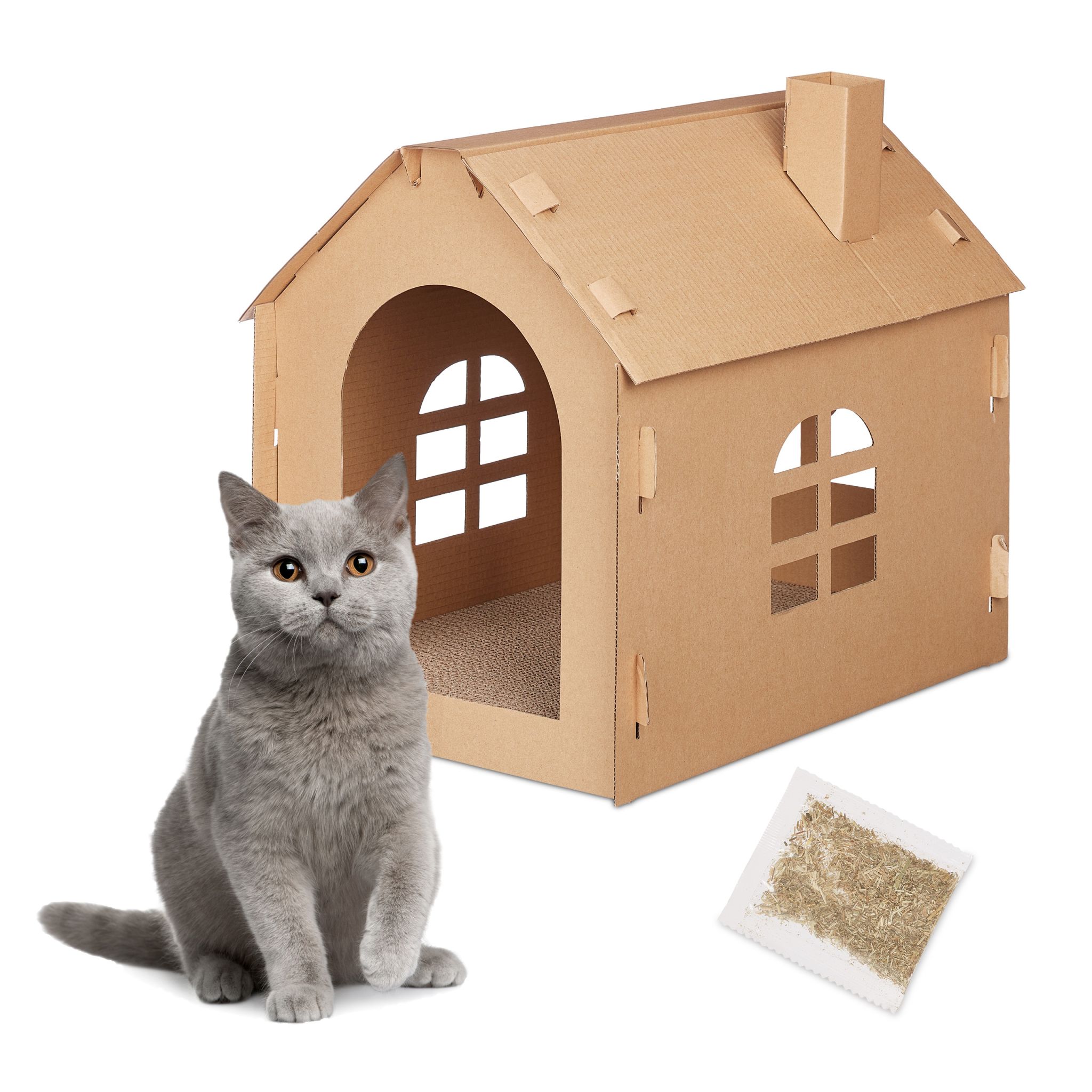 Katzenhaus Pappe mit Kratzbrett Hellbraun