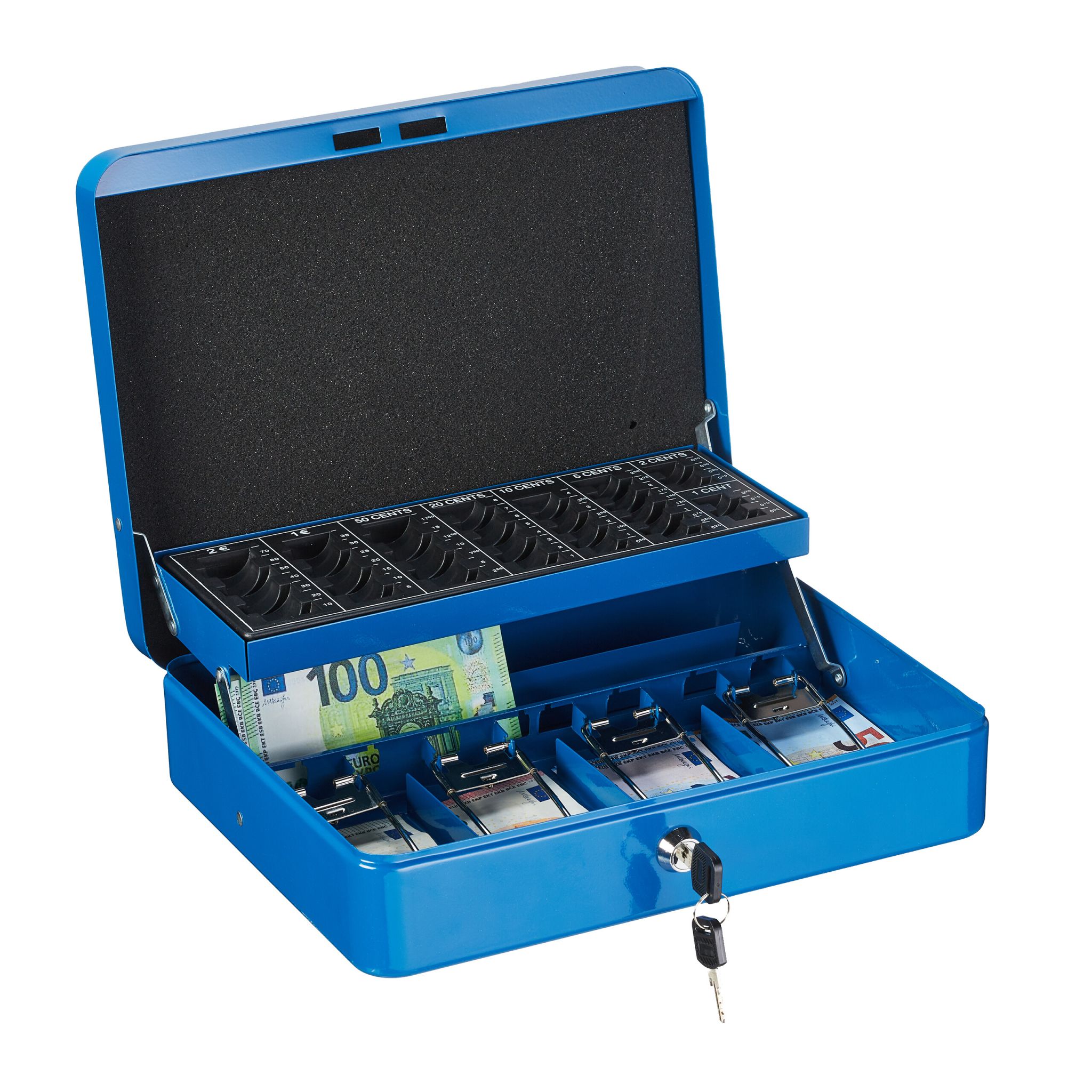 Geldkassette mit Euro Münzzählbrett Blau-Silber