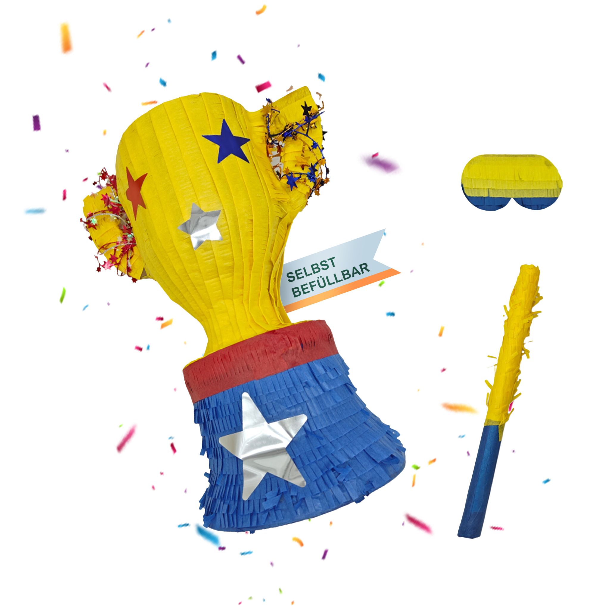 Pinata Pokal mit Stab und Maske Blau-Gelb-Rot