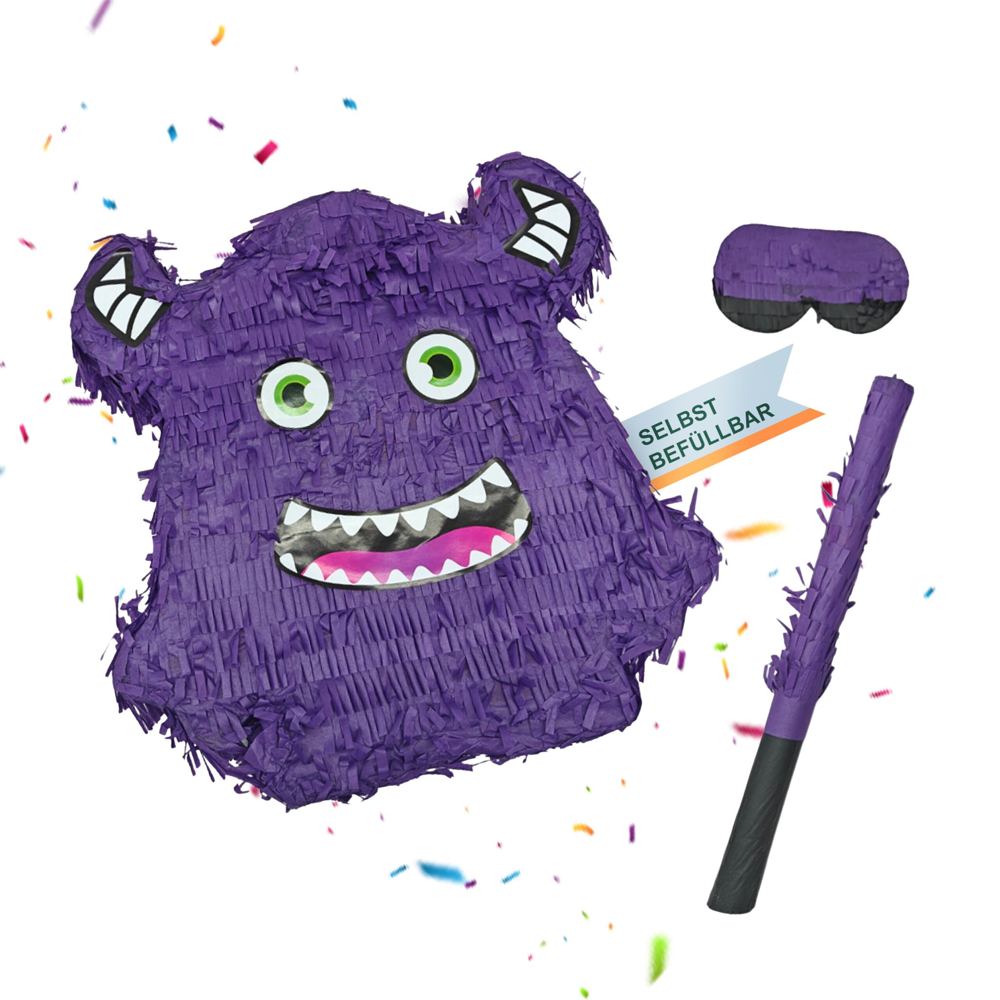 Pinata Monster mit Stab und Maske Lila-Pink-Schwarz