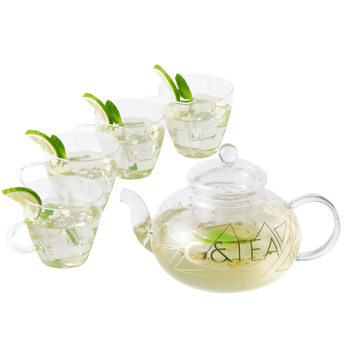 Gin Teekrug aus Glas mit Tassen