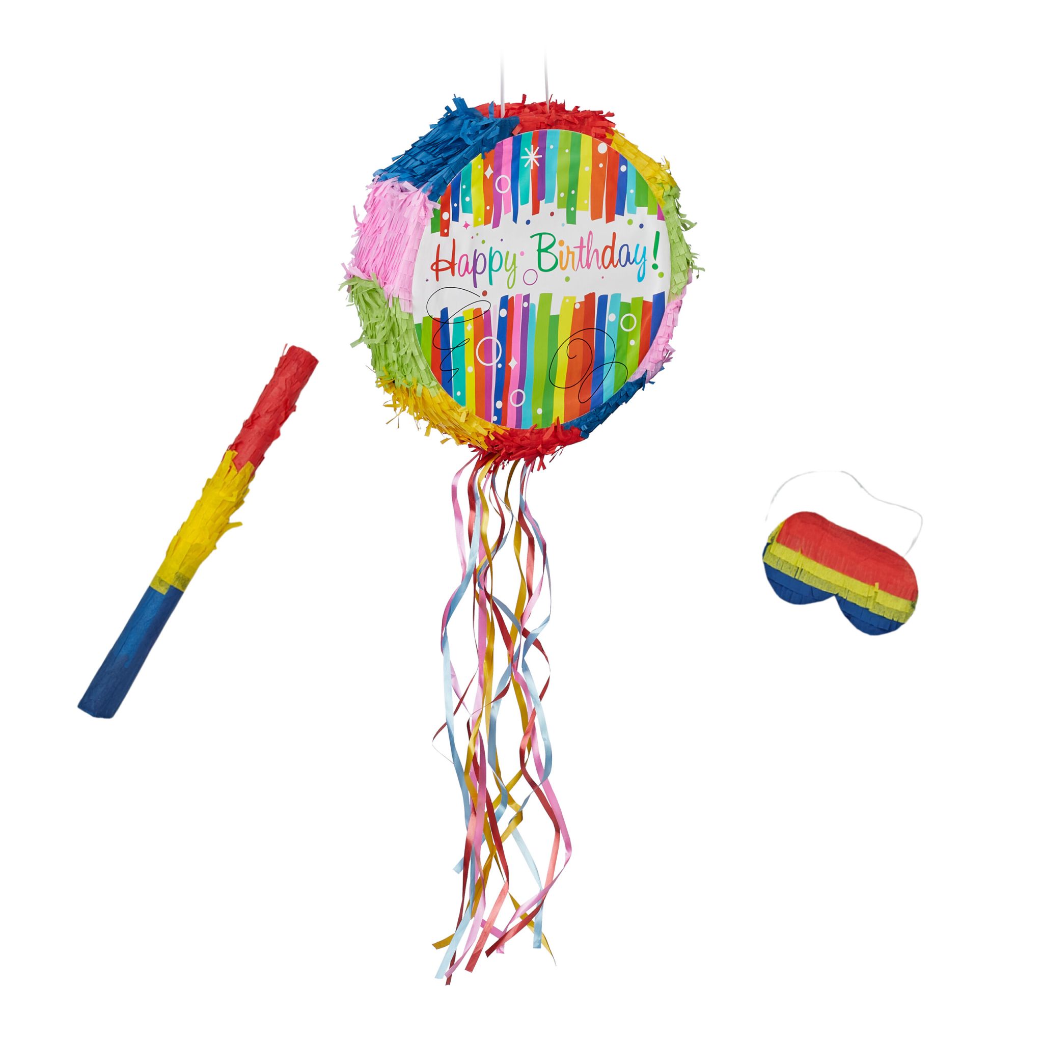 Pinata Geburtstag mit Stab und Maske Blau-Grün-Rot