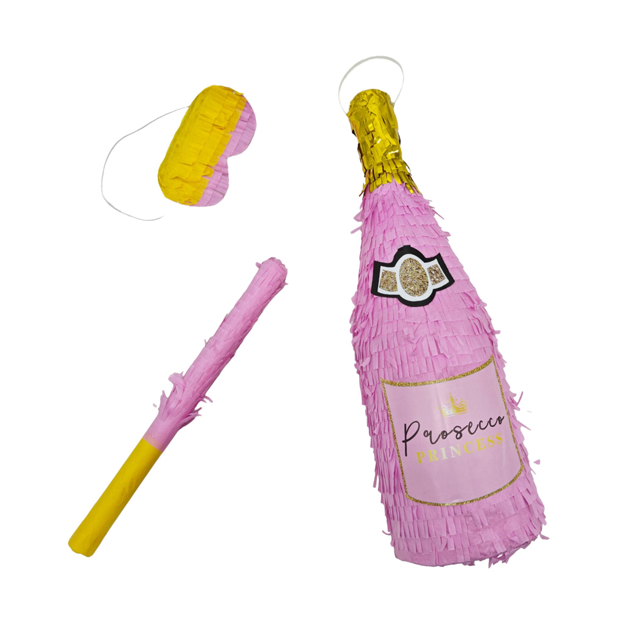 Pinata Sektflasche mit Stab & Maske Gelb-Gold-Rosa