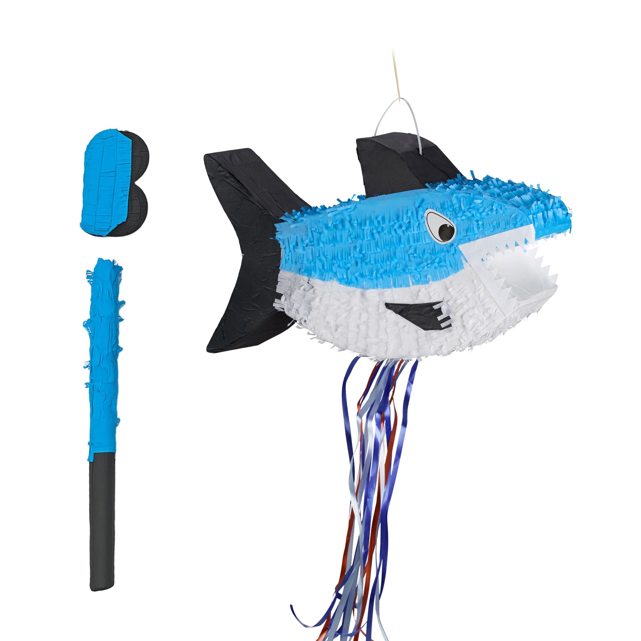 Pinata Hai mit Stab und Maske Weiss-Blau-Schwarz