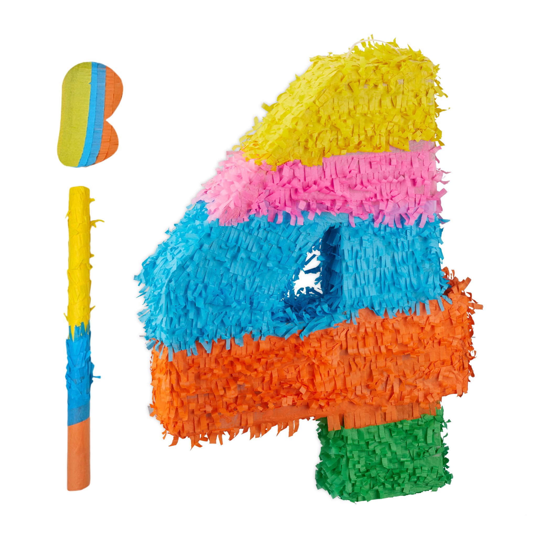 Pinata Zahl mit Stab und Maske Blau-Grün-Orange