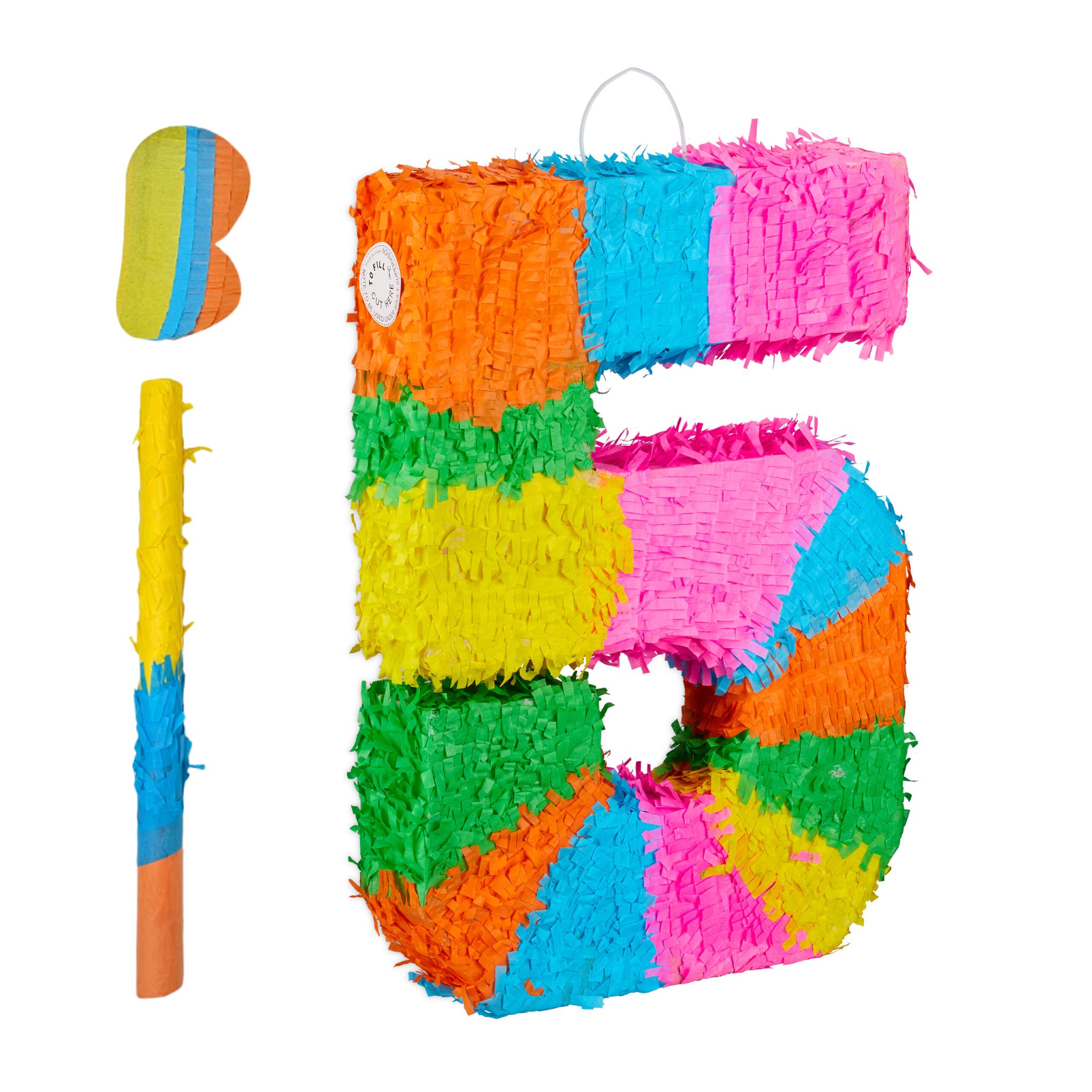 Pinata Zahl mit Stab und Maske Blau-Orange-Rosa