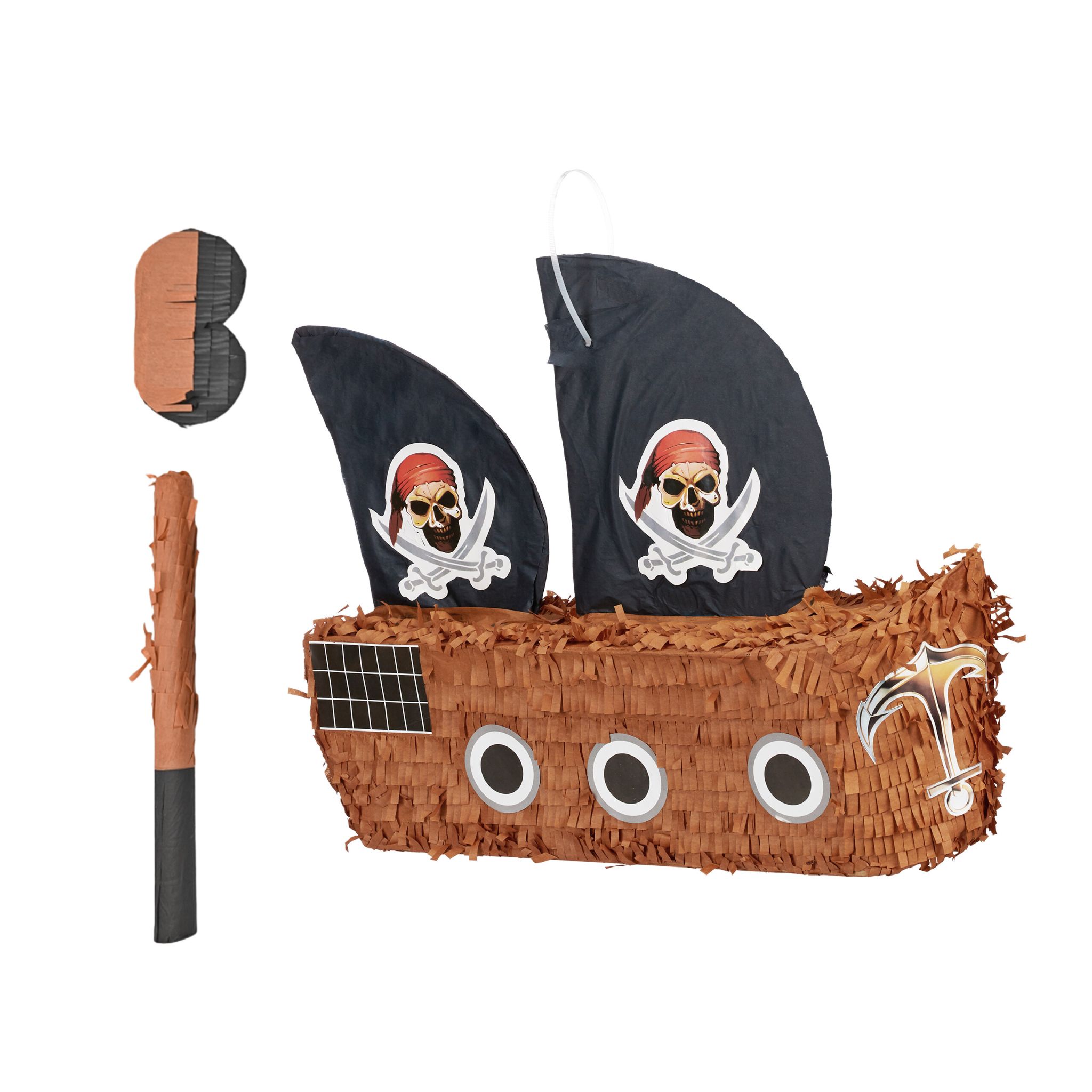 Pinata Piratenschiff Stab & Maske Hellbraun-Rot-Schwarz