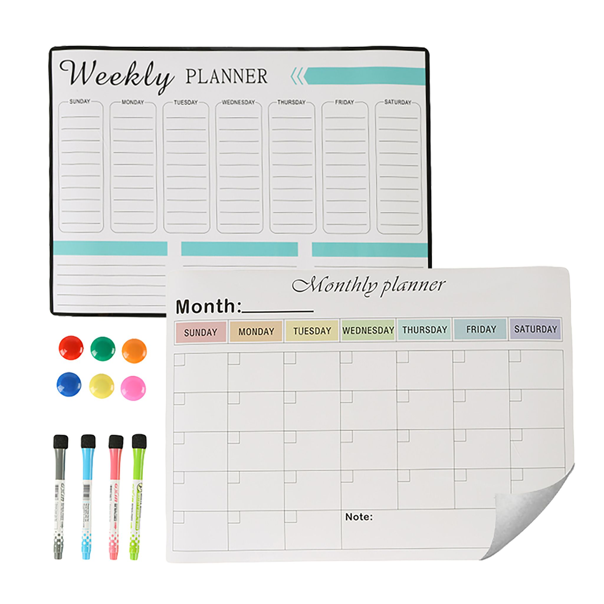 Whiteboard für Kühlschrank 2er-Set Weiss-Schwarz-Türkis