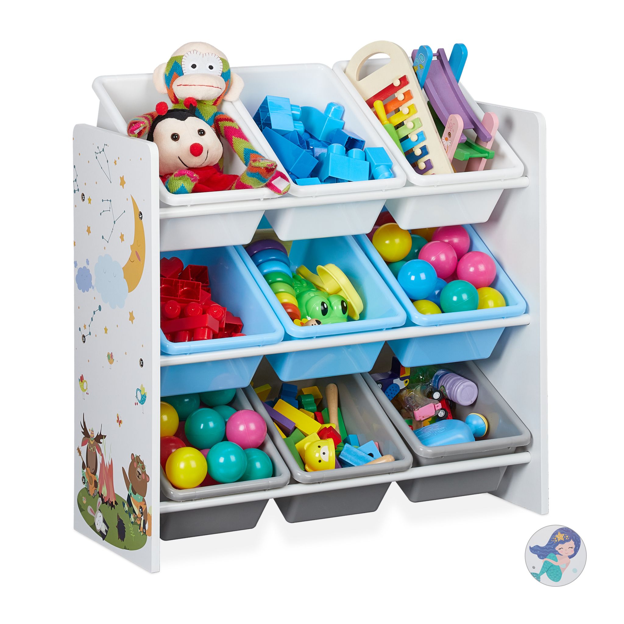 Kinderregal mit 9 Boxen und Motiv Weiss-Hellblau-Grau