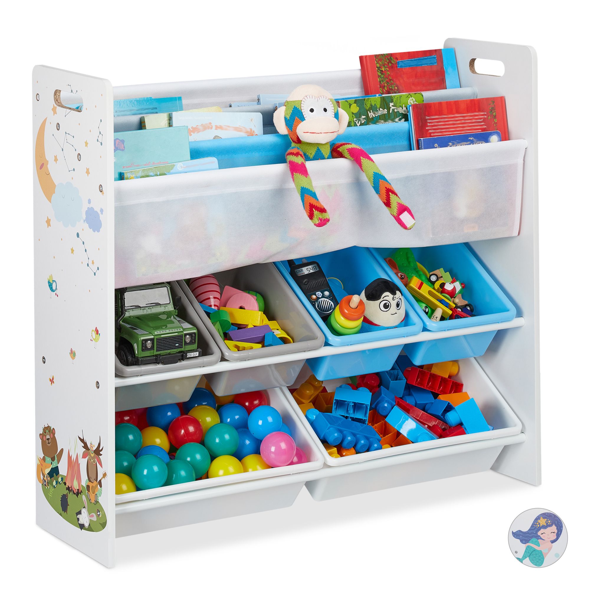 Kinderregal mit 10 Fächern und Motiv Weiss-Hellblau-Grau