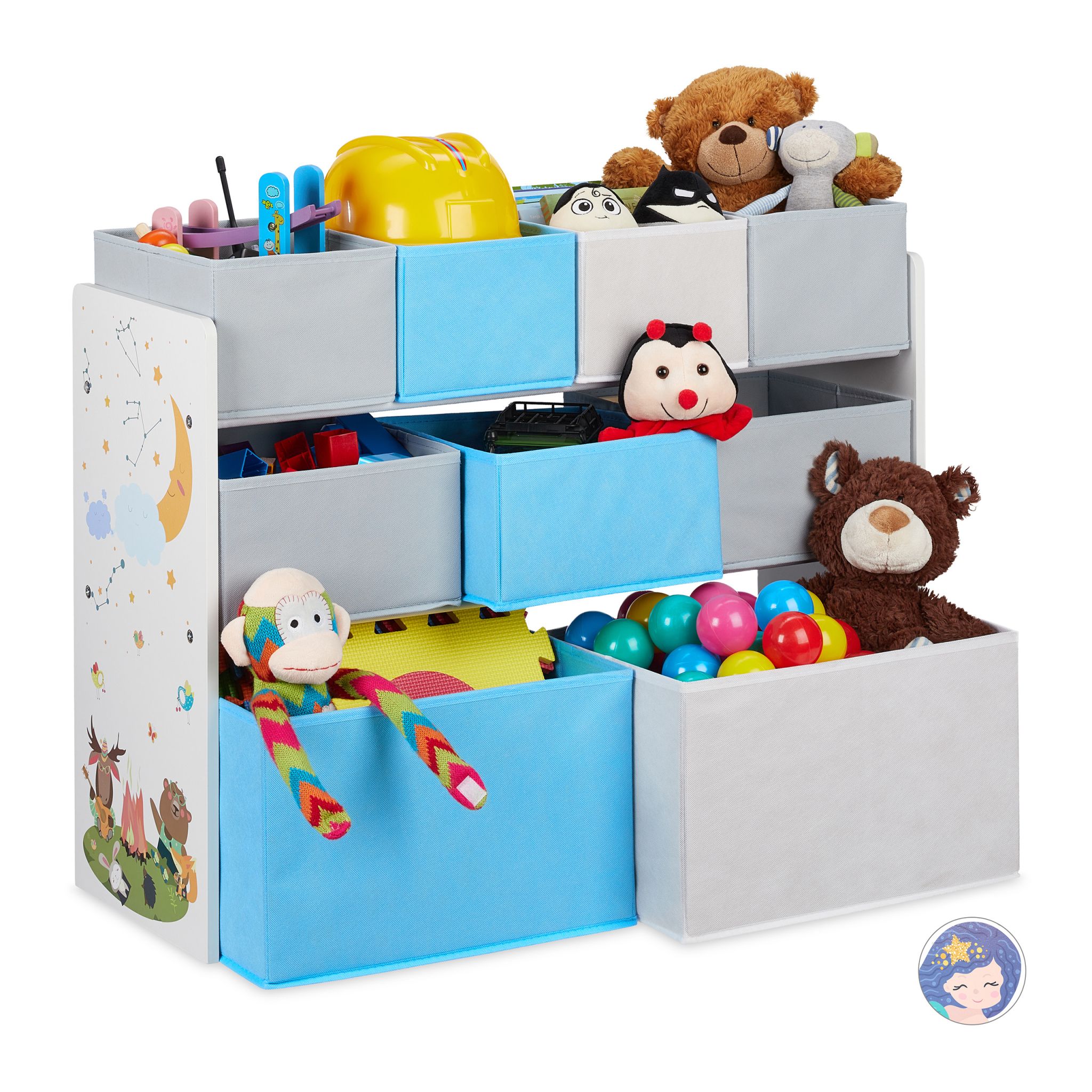 Kinderregal mit Motiv und 9 Boxen Weiss-Hellblau-Grau