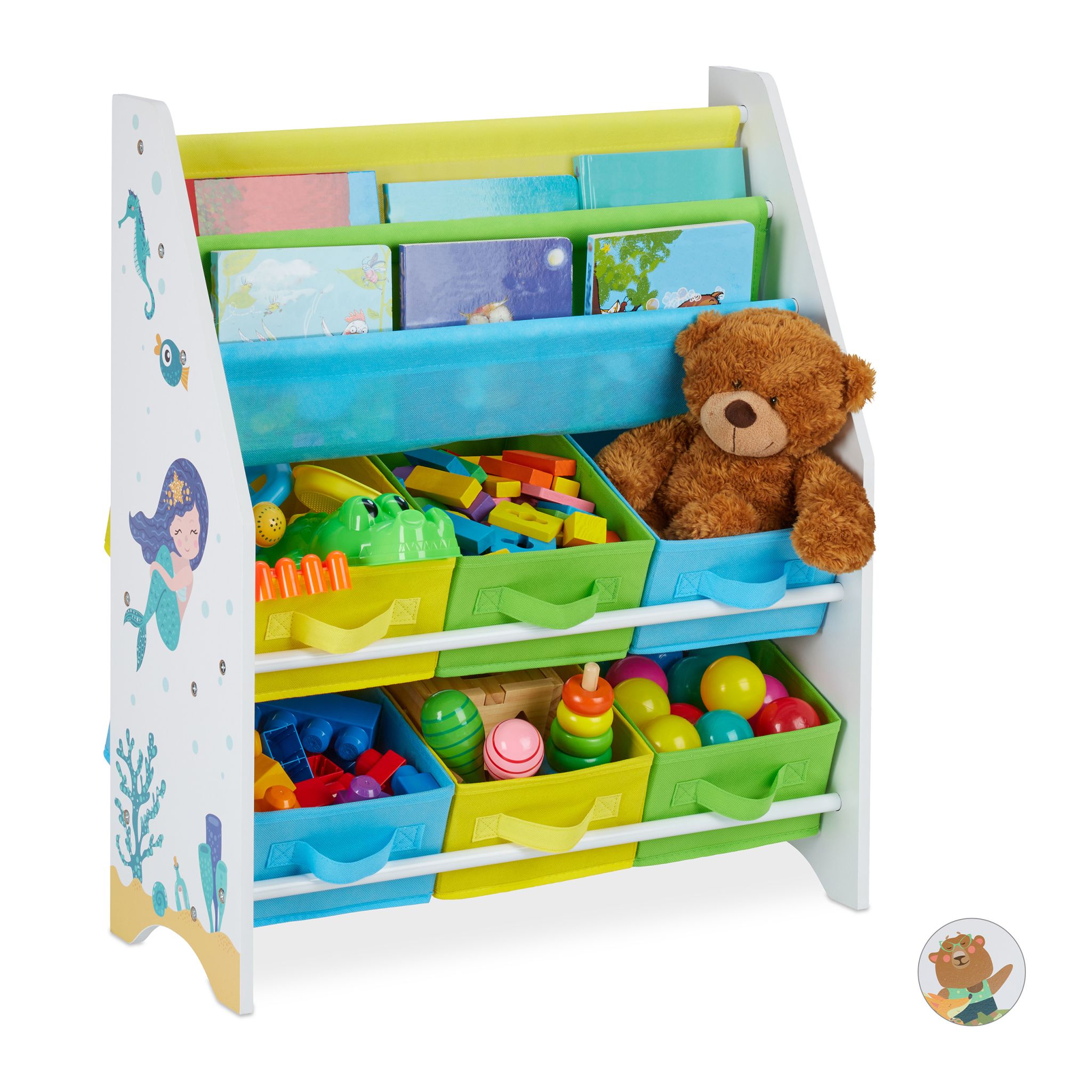 Kinderregal mit 6 Boxen & 2 Hängefächern Weiss-Gelb-Grün
