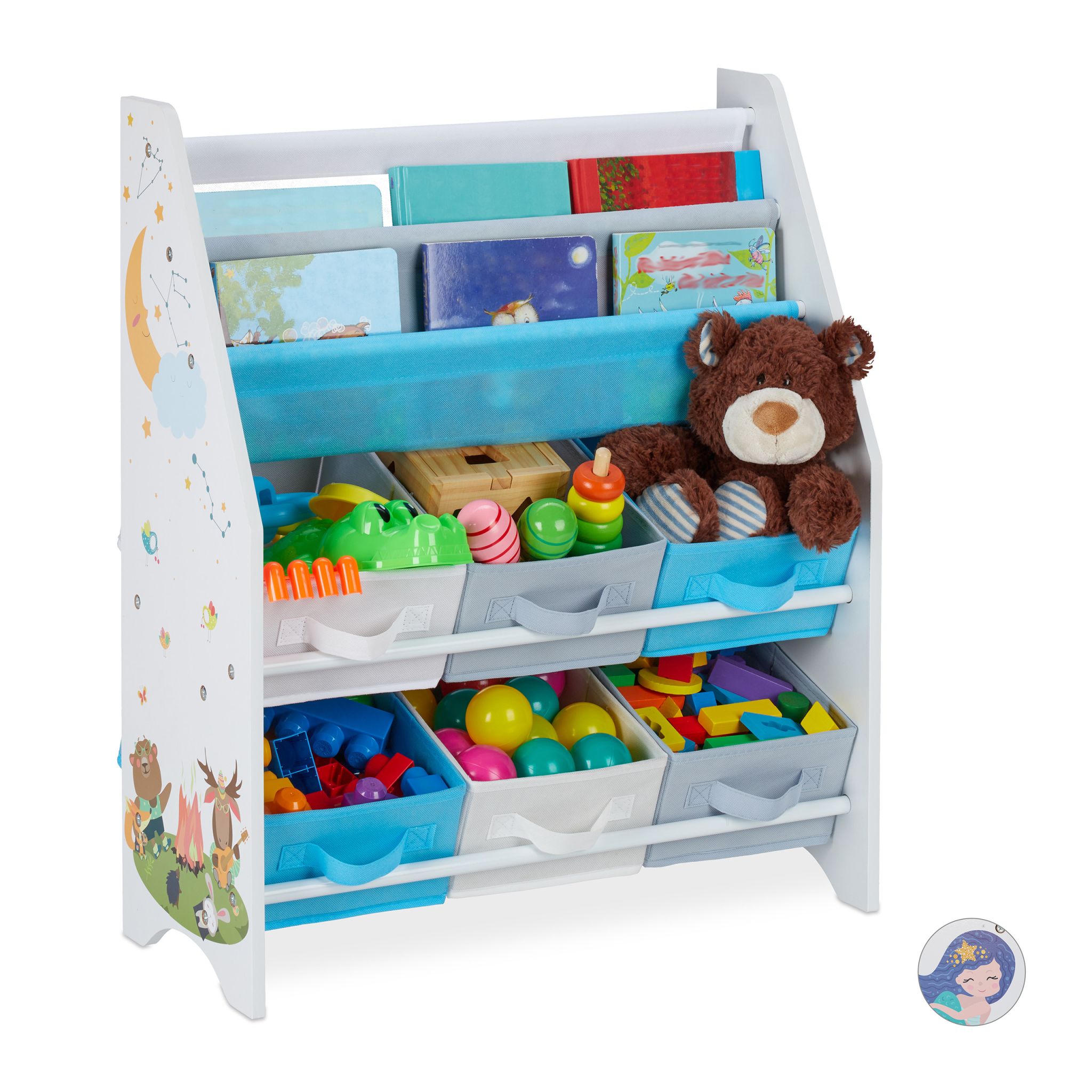 Kinderregal mit 6 Boxen & 2 Hängefächern Weiss-Hellblau-Grau
