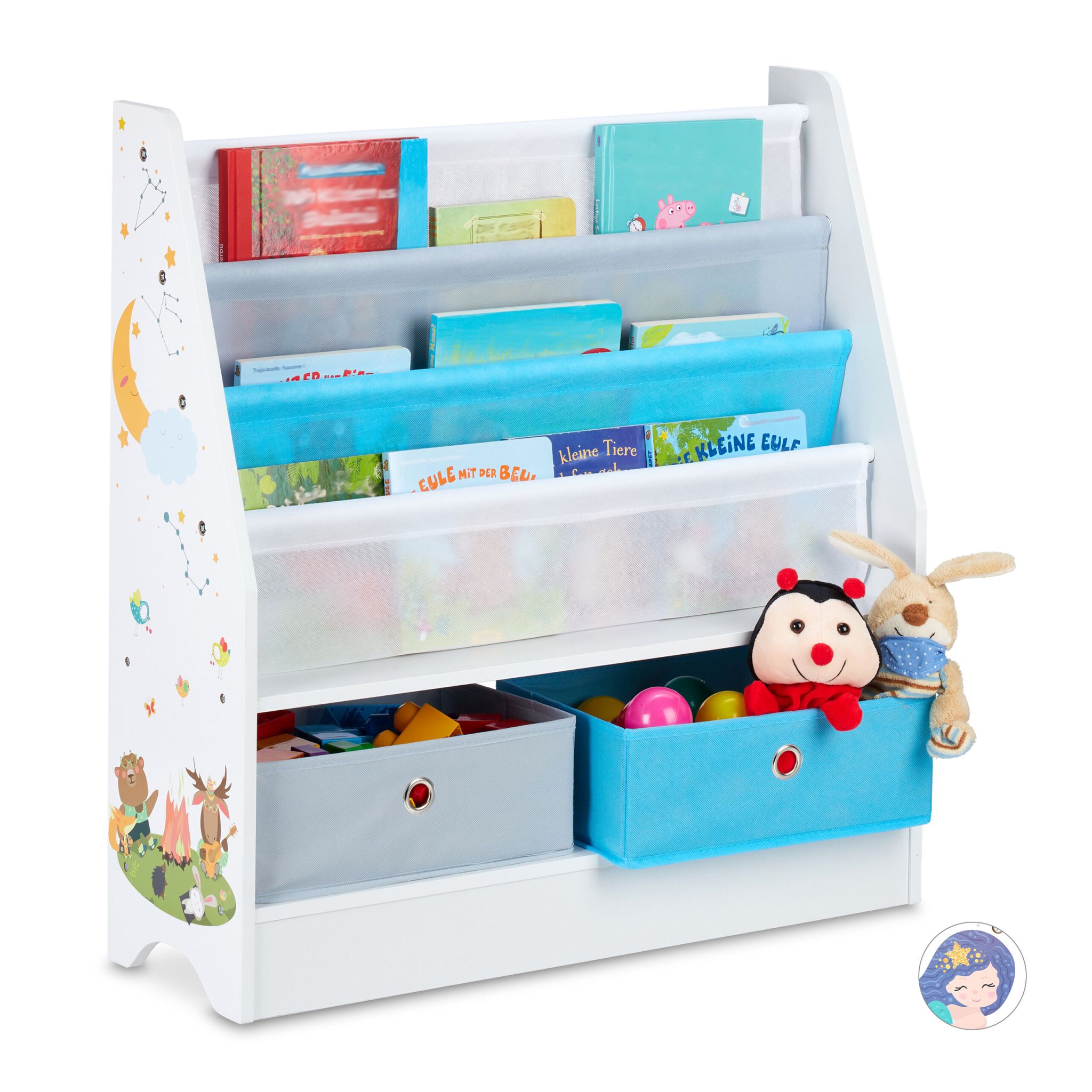 Kinderregal mit 2 Boxen & 3 Hängefächern Weiss-Hellblau-Grau
