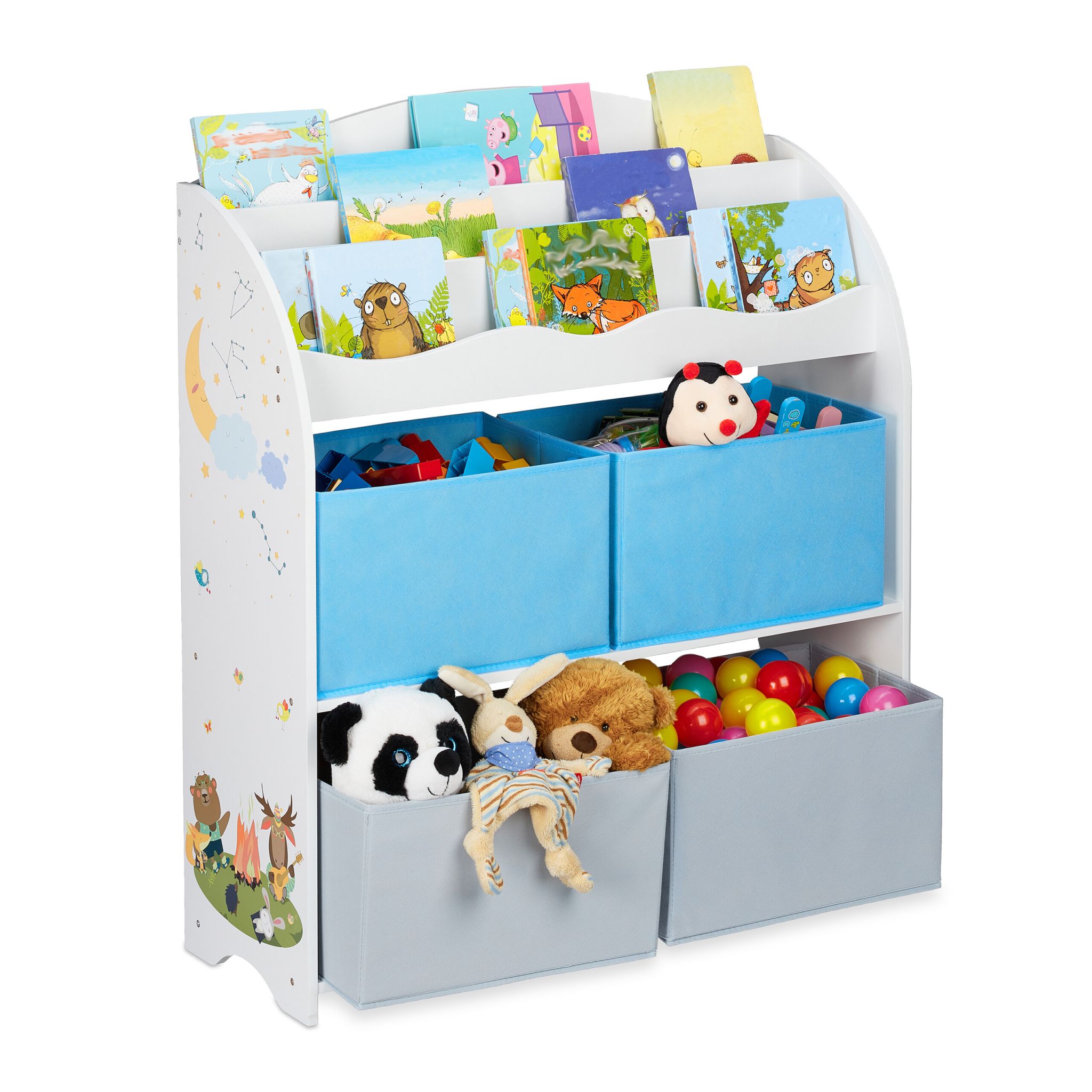Kinderregal mit 4 Stoffboxen Weiss-Hellblau-Grau