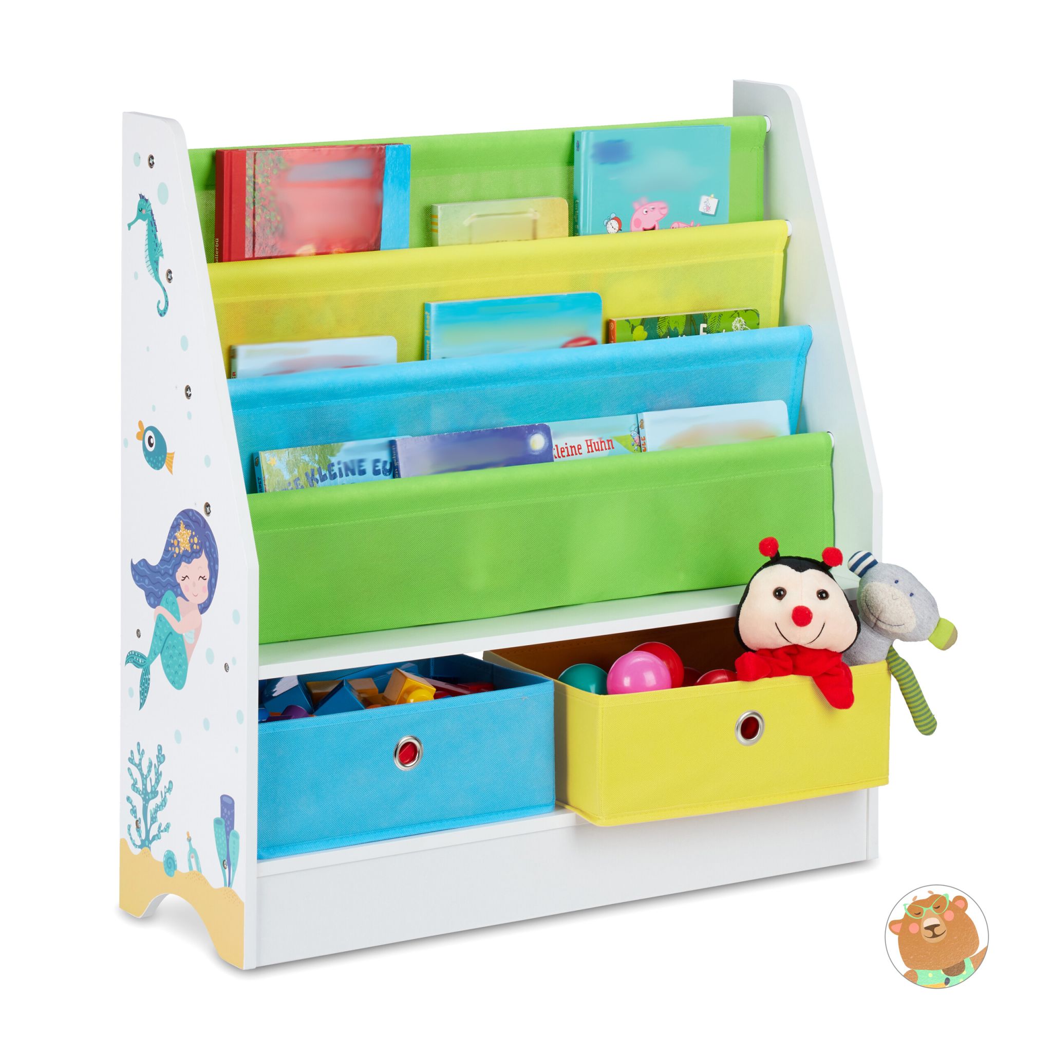 Kinderregal mit 2 Boxen & 3 Hängefächern Weiss-Grün-Hellblau