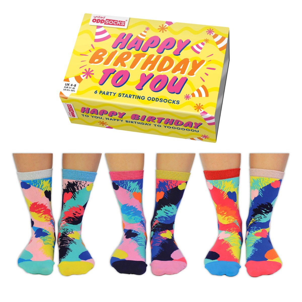 Einzelne Socken im 6er Pack, HAPPY BIRTHDAY TO YOU Bunte Oddsocks, Gr. 37-42, mit Geschenkbox