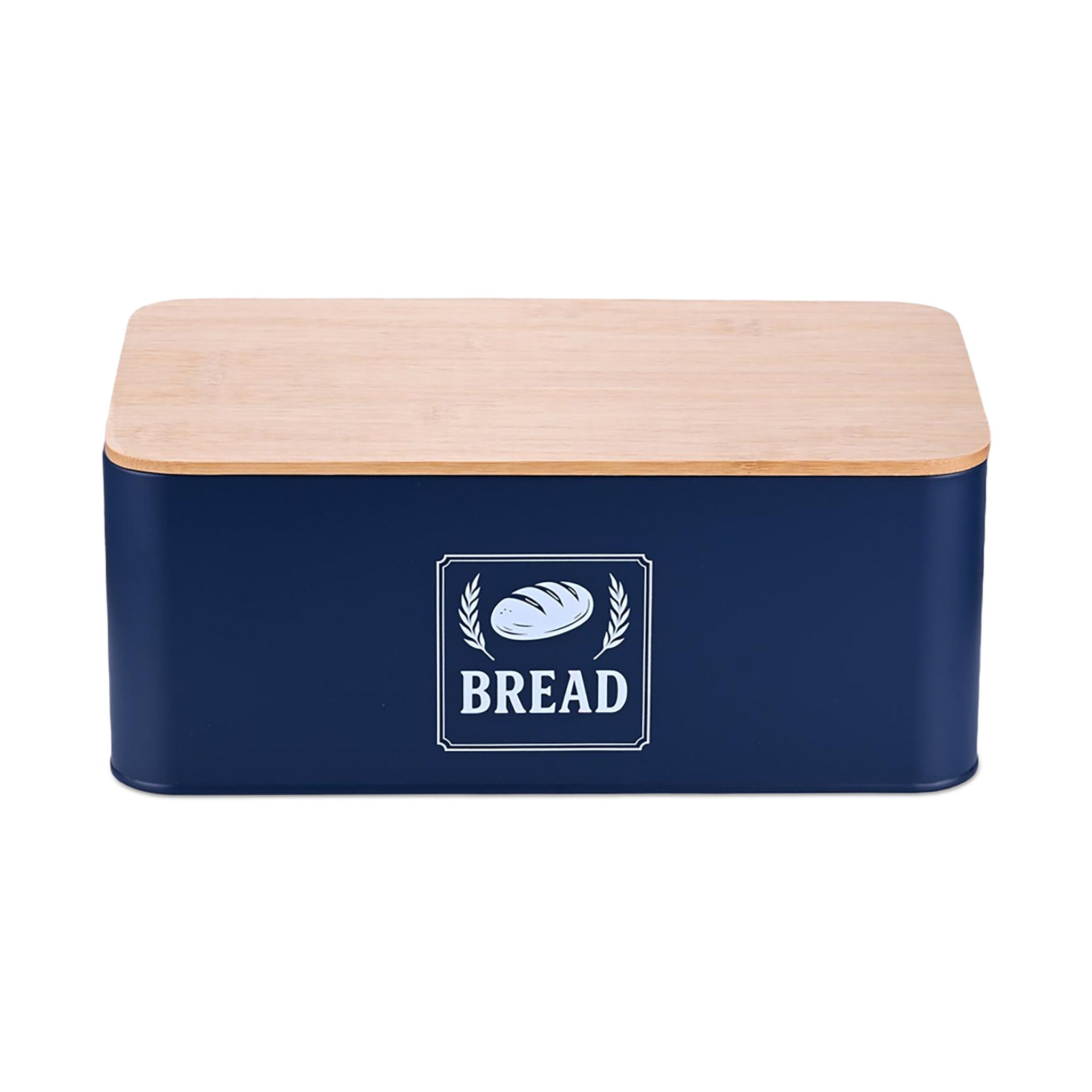 Brotkasten mit Bambusdeckel Retro-Design Weiss-Dunkelblau-Hellbraun