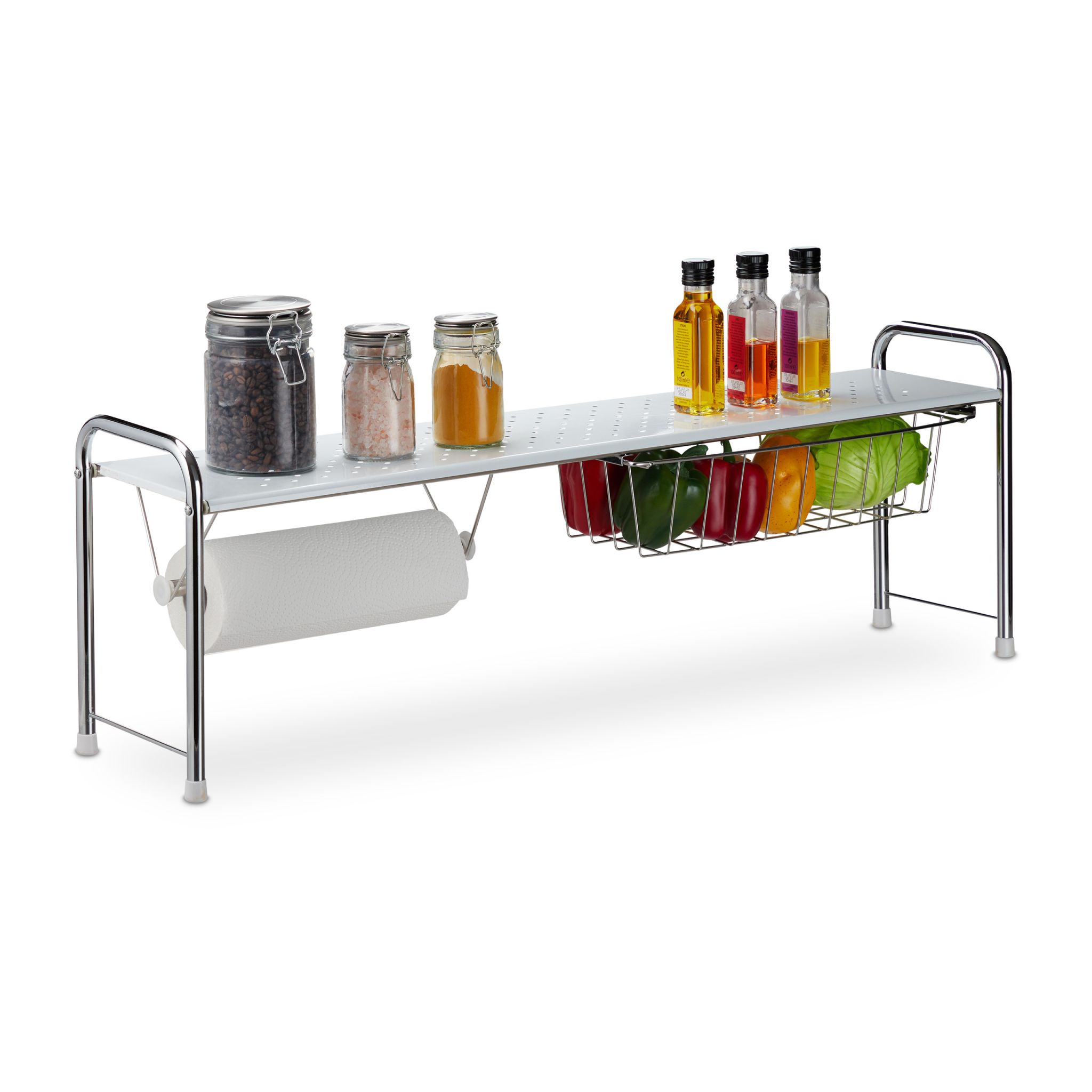 Spülbeckenregal mit Küchenrollenhalter Weiss-Silber