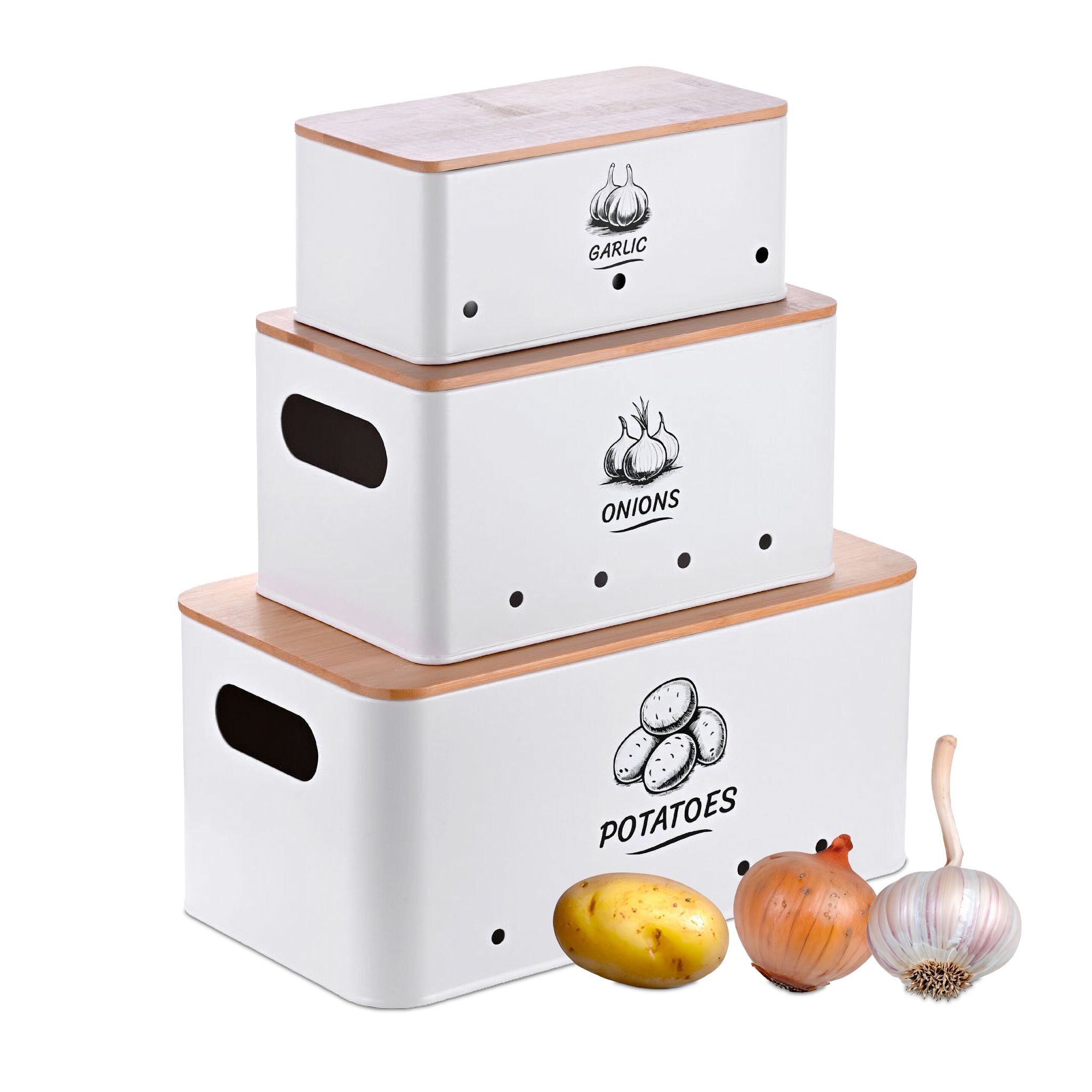 Aufbewahrungsbox 3er-Set Bambusdeckel Weiss-Hellbraun