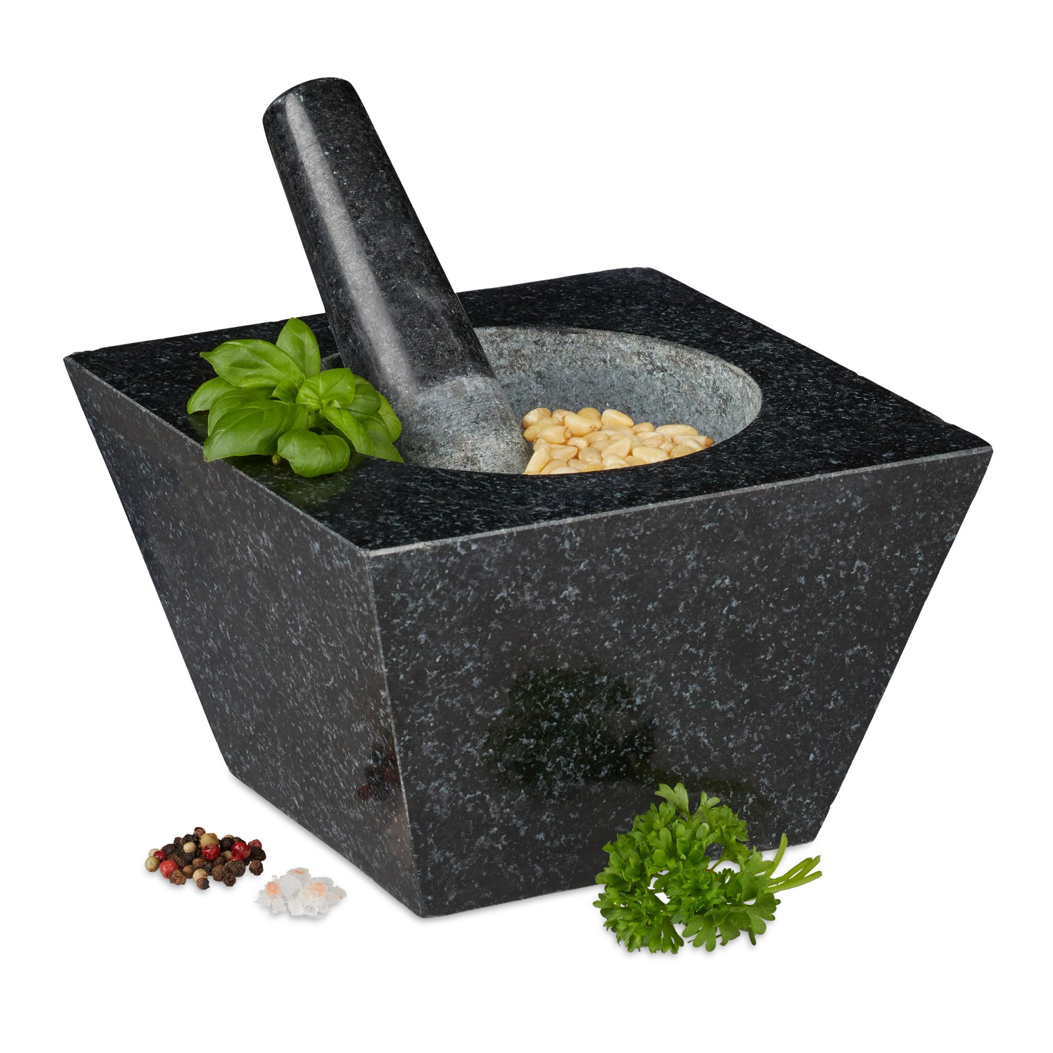 Eckiger Mörser mit Stössel Granit Schwarz-Grau