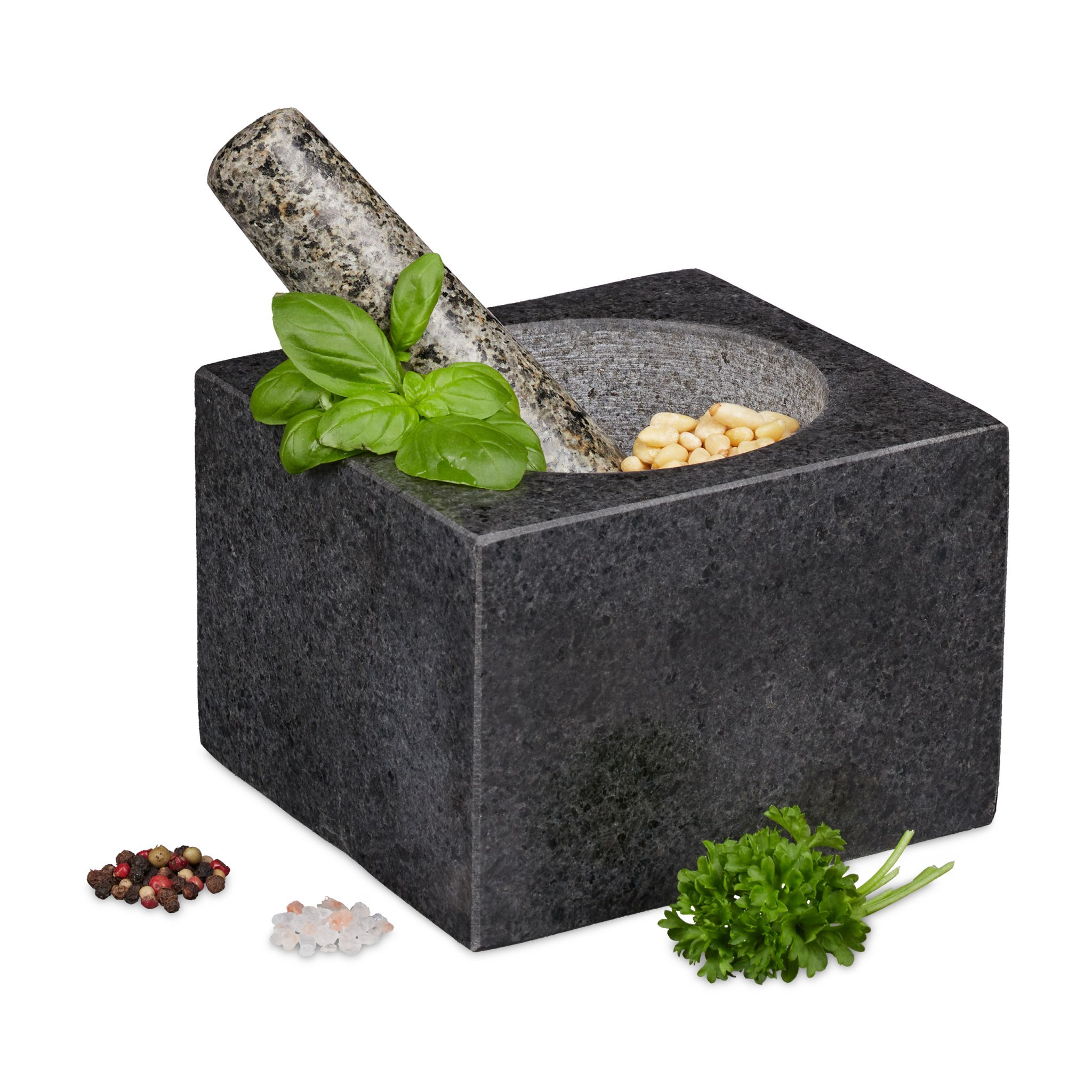 Eckiger Mörser mit Stössel Granit Anthrazit-Beige