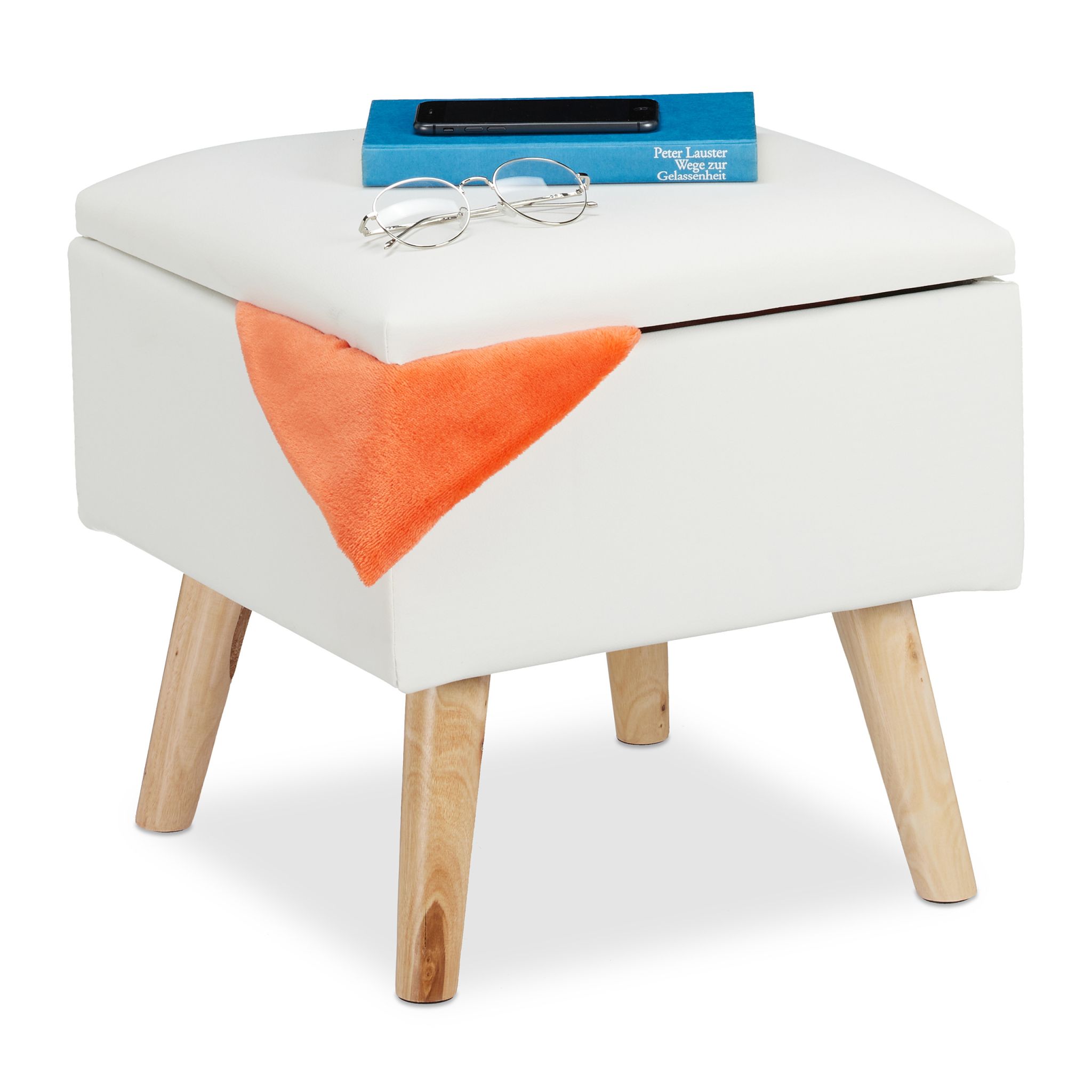 Sitzhocker mit Stauraum Kunstleder Weiss-Hellbraun
