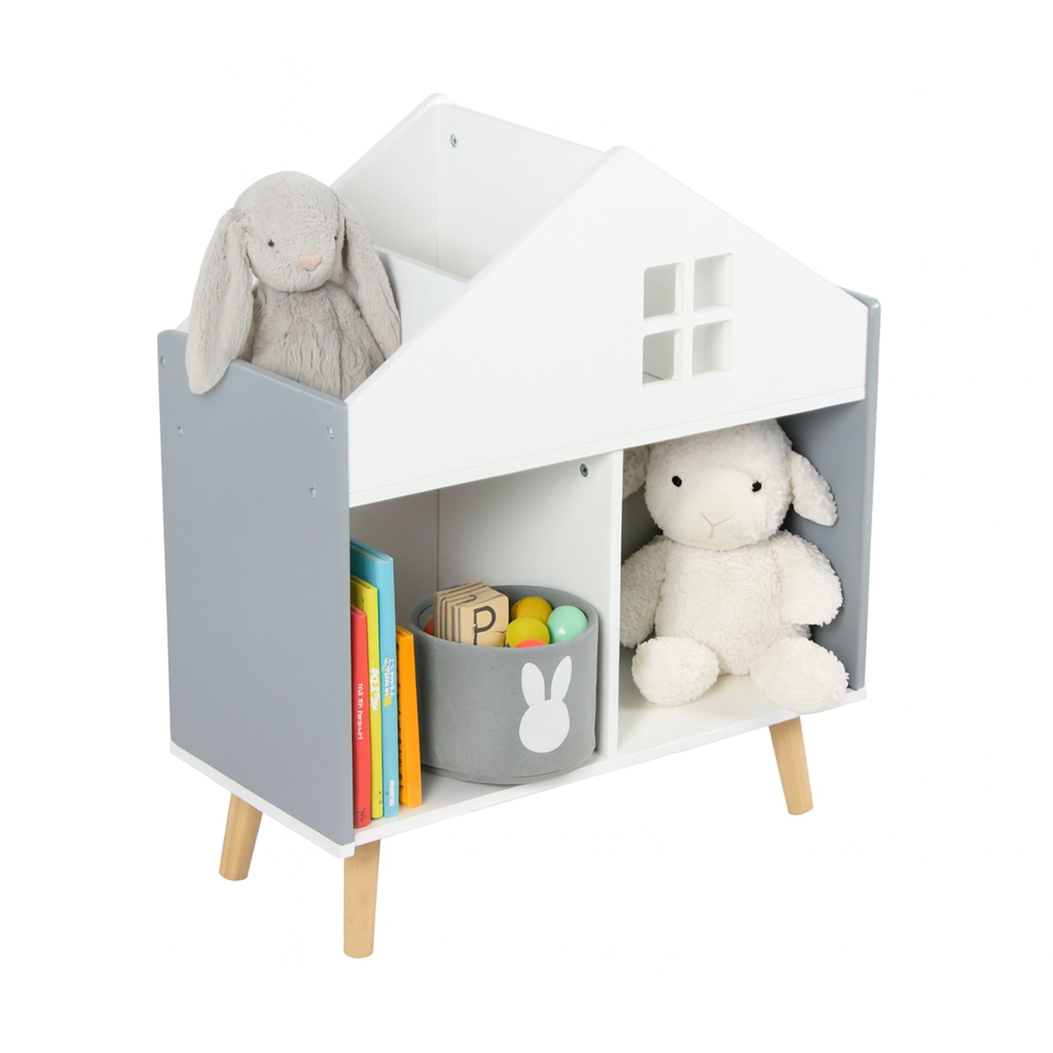 Kinderregal in Hausform Weiss-Hellbraun-Grau