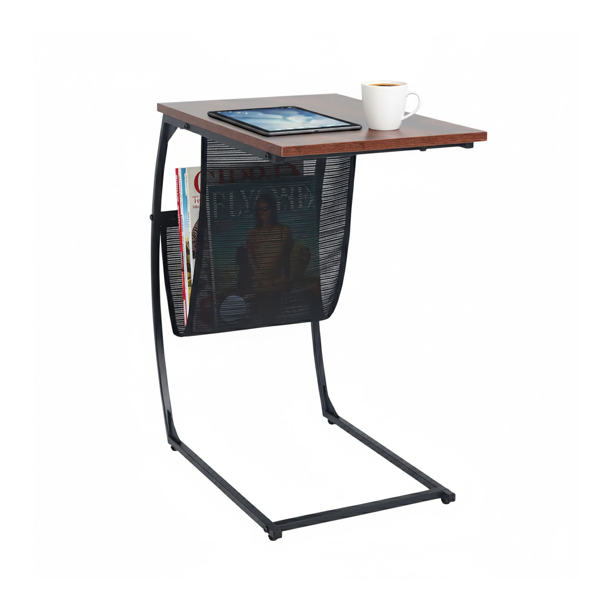 Beistelltisch mit Zeitungsablage C-Form Braun-Schwarz
