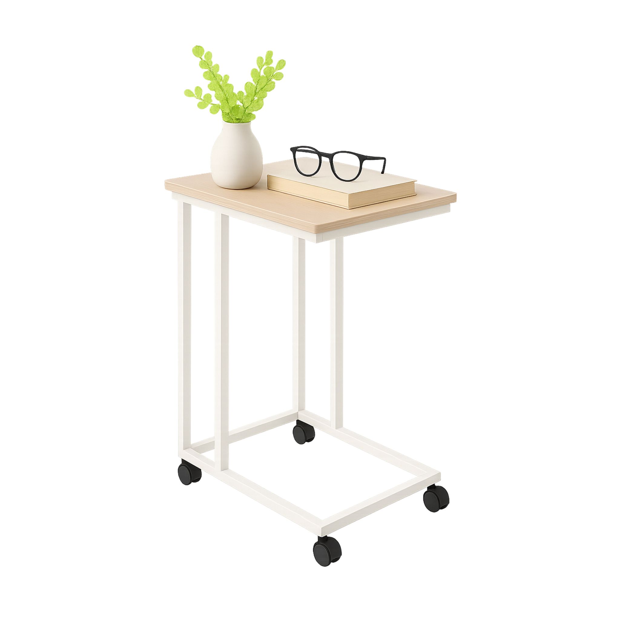 Beistelltisch mit Rollen C-Form Weiss-Hellbraun