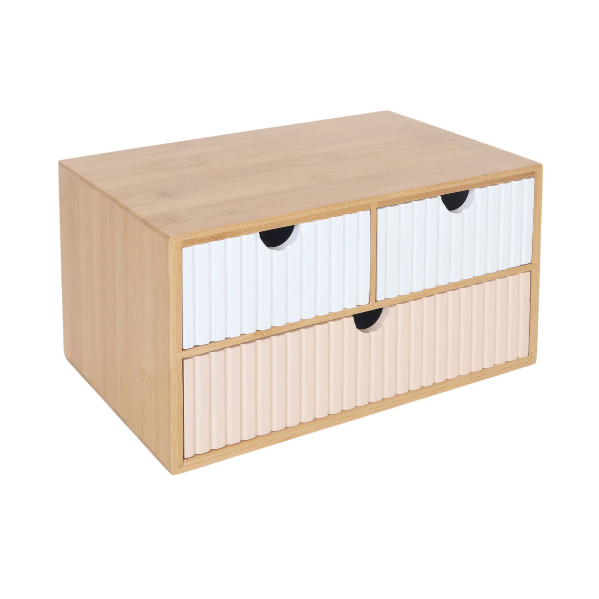 Schubladenbox Bambus geriffelt Weiss-Hellbraun-Rosa