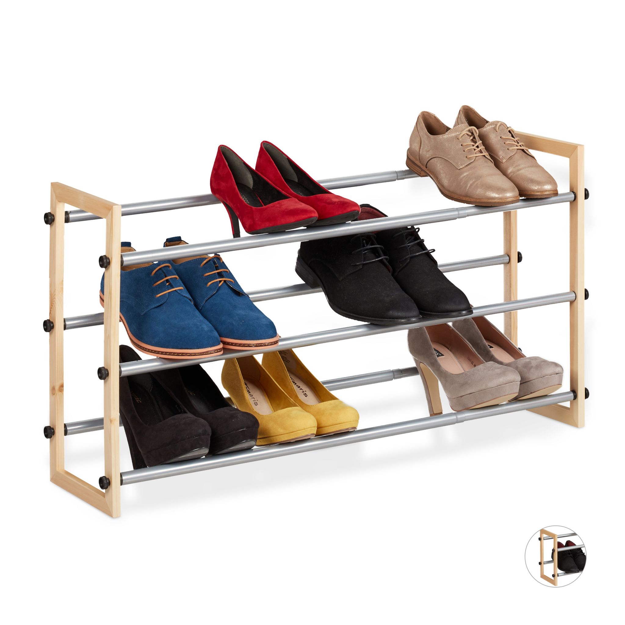 Schuhregal ziehbar Hellbraun-Schwarz-Silber
