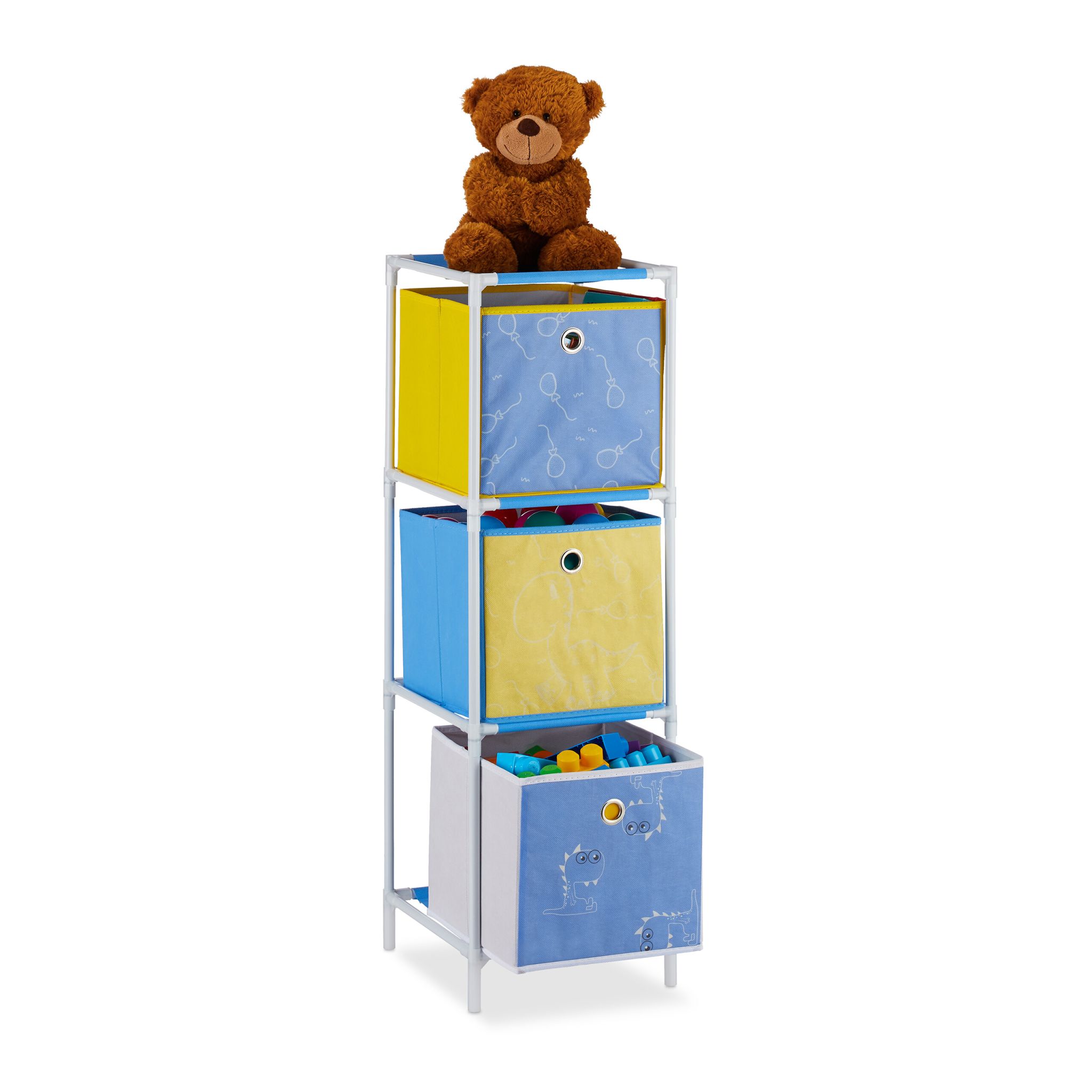 Kinderregal Dino mit Boxen Weiss-Blau-Gelb