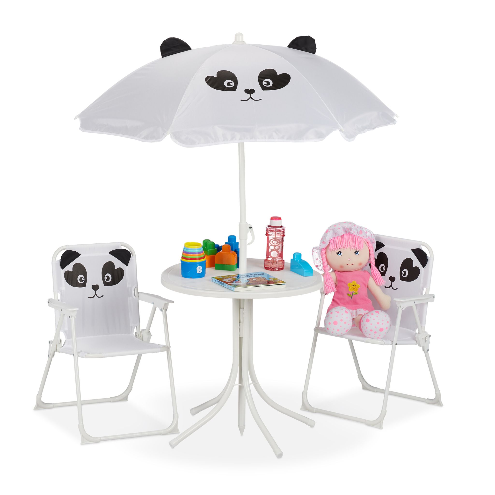 Camping Kindersitzgruppe mit Schirm Weiss-Schwarz