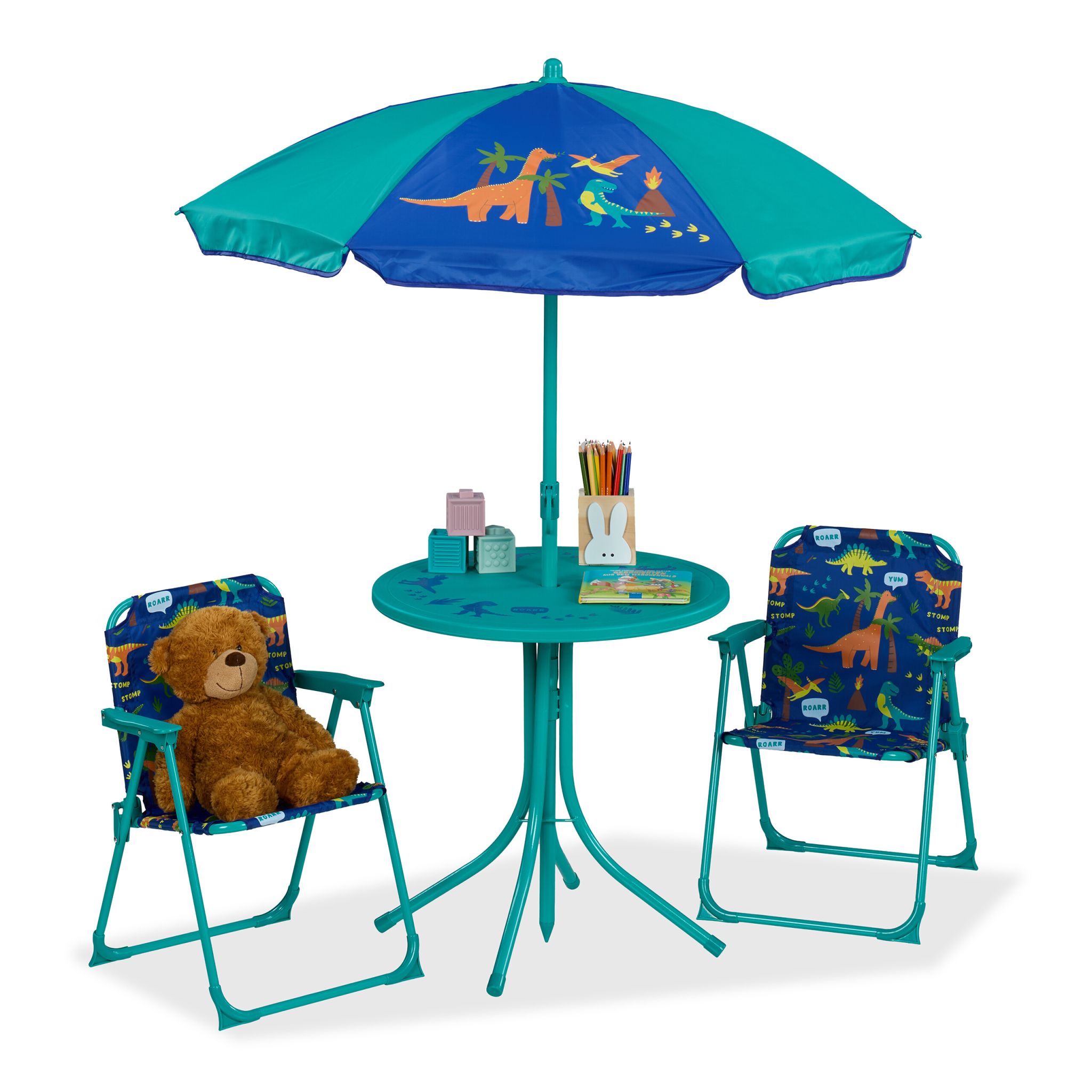 Camping Kindersitzgruppe mit Schirm Blau-Orange-Türkis