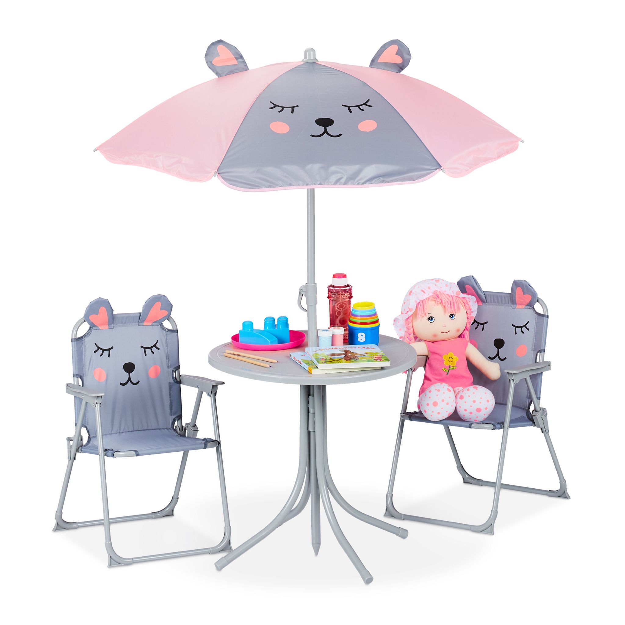Camping Kindersitzgruppe mit Schirm Rosa-Grau