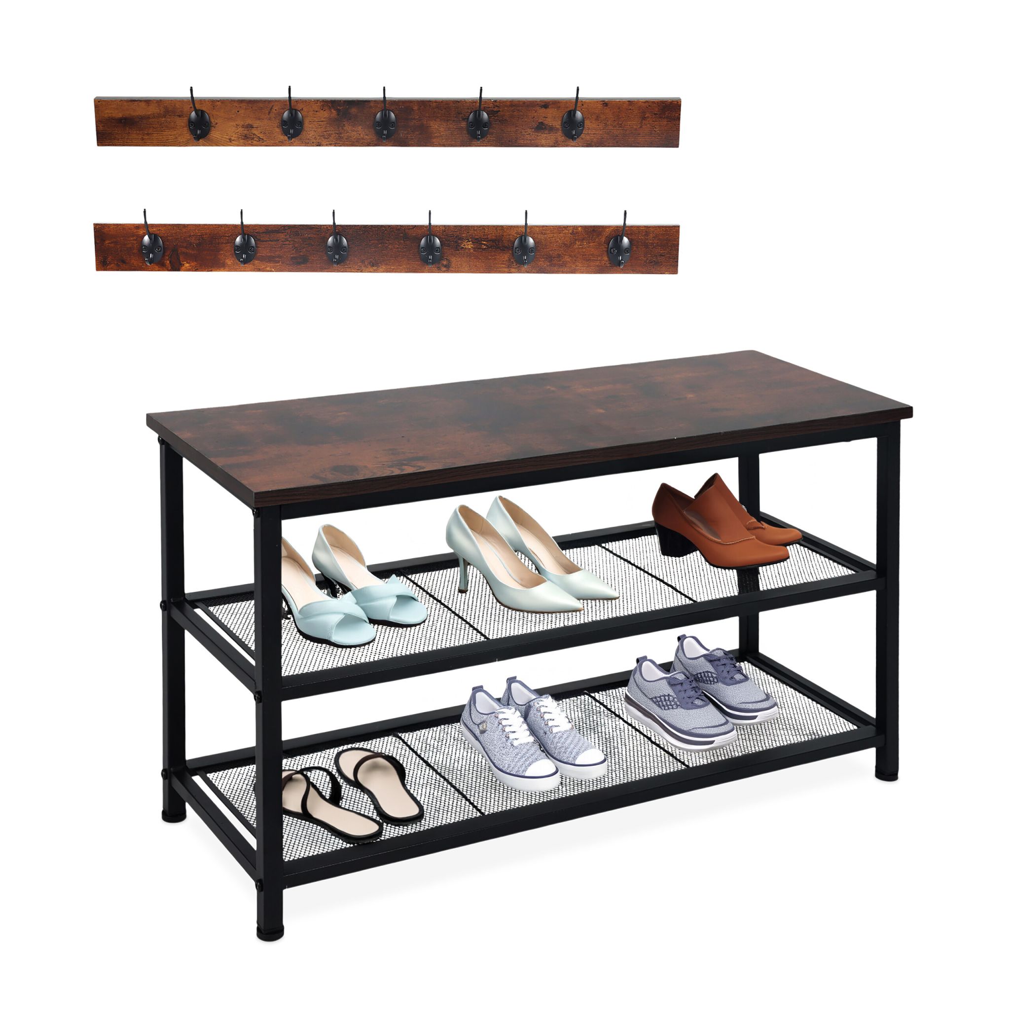 Schuhregal mit Garderobe Set Dunkelbraun-Schwarz