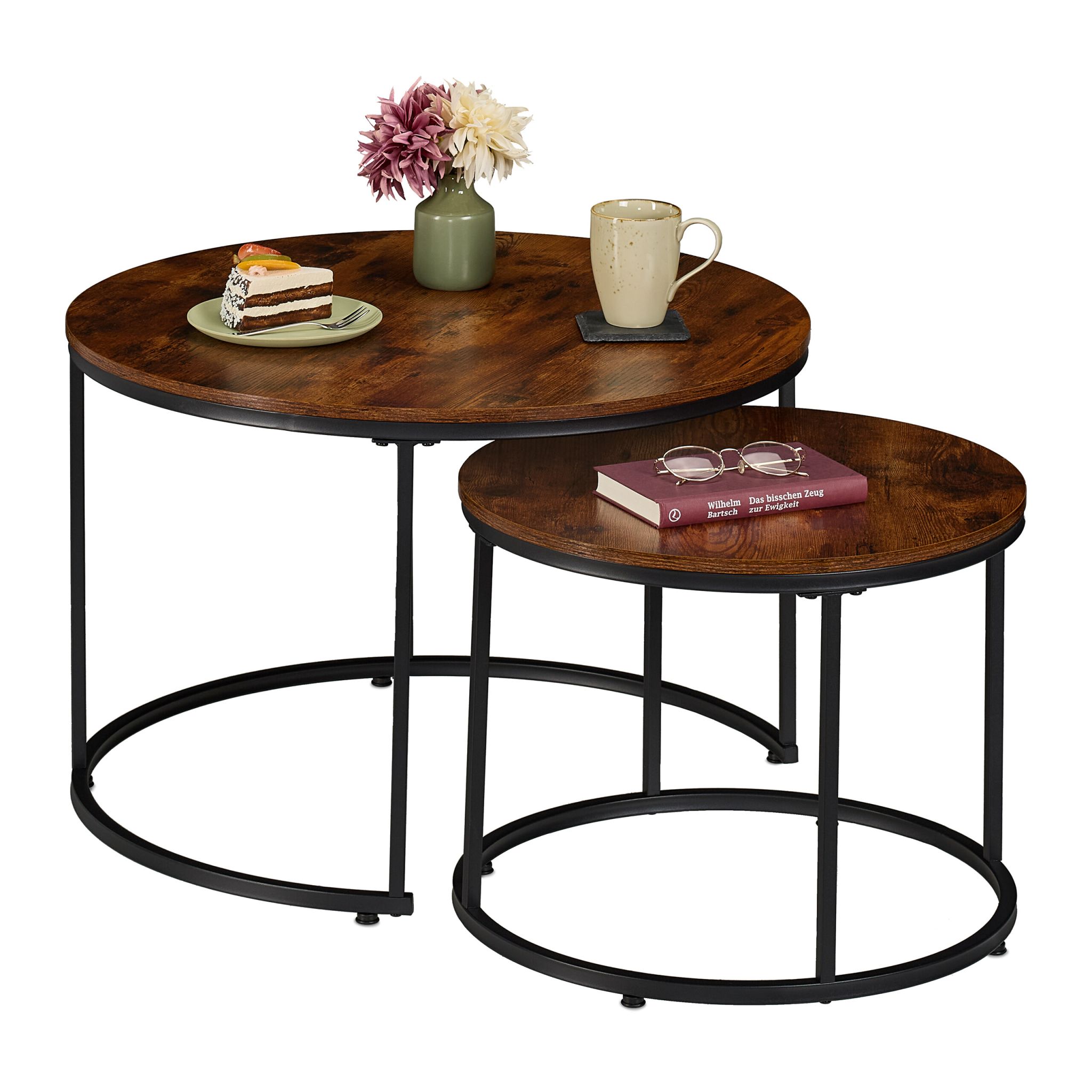 Satztisch 2er-Set Industrial-Design Dunkelbraun-Schwarz