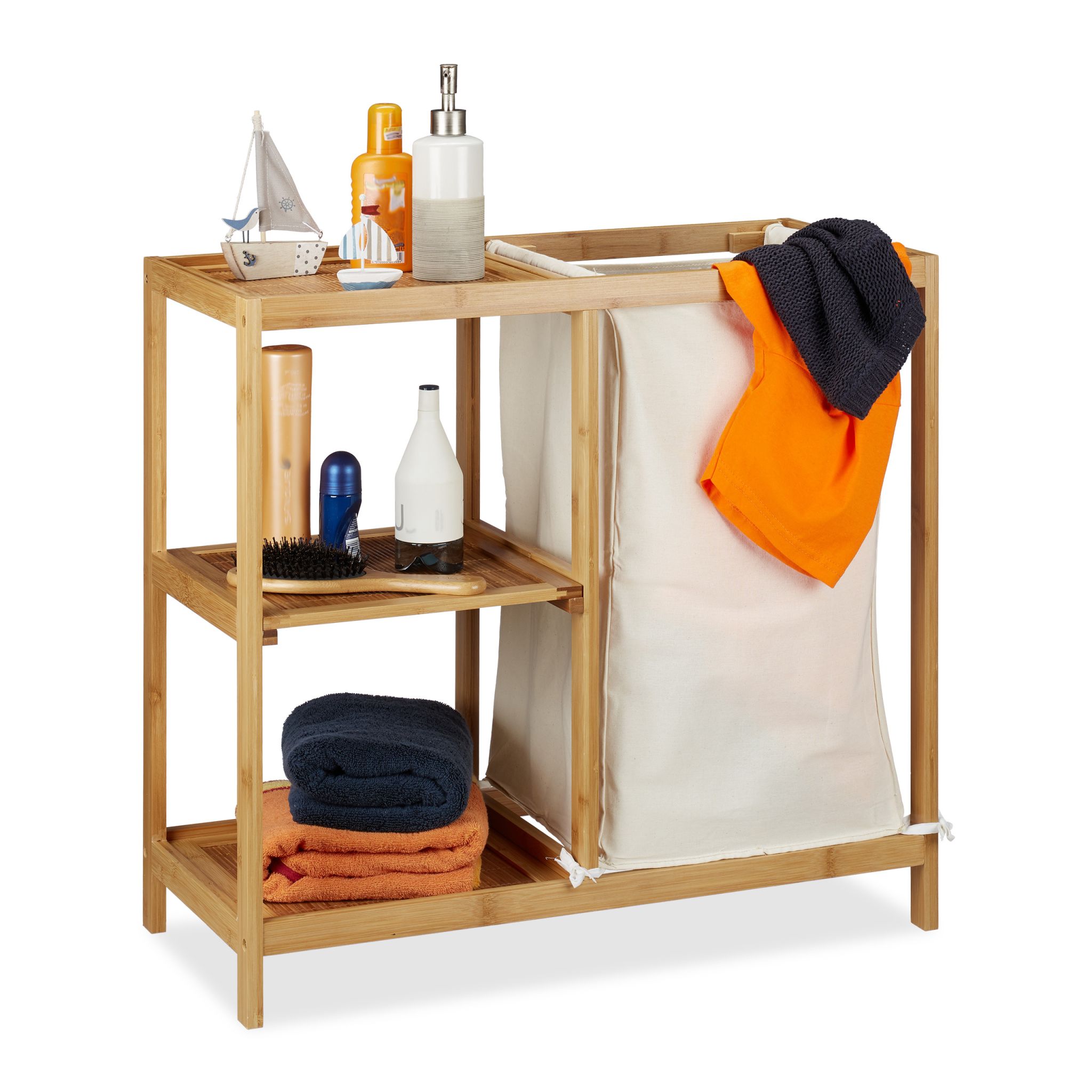 Badregal mit Wäschekorb Bambus Beige-Hellbraun