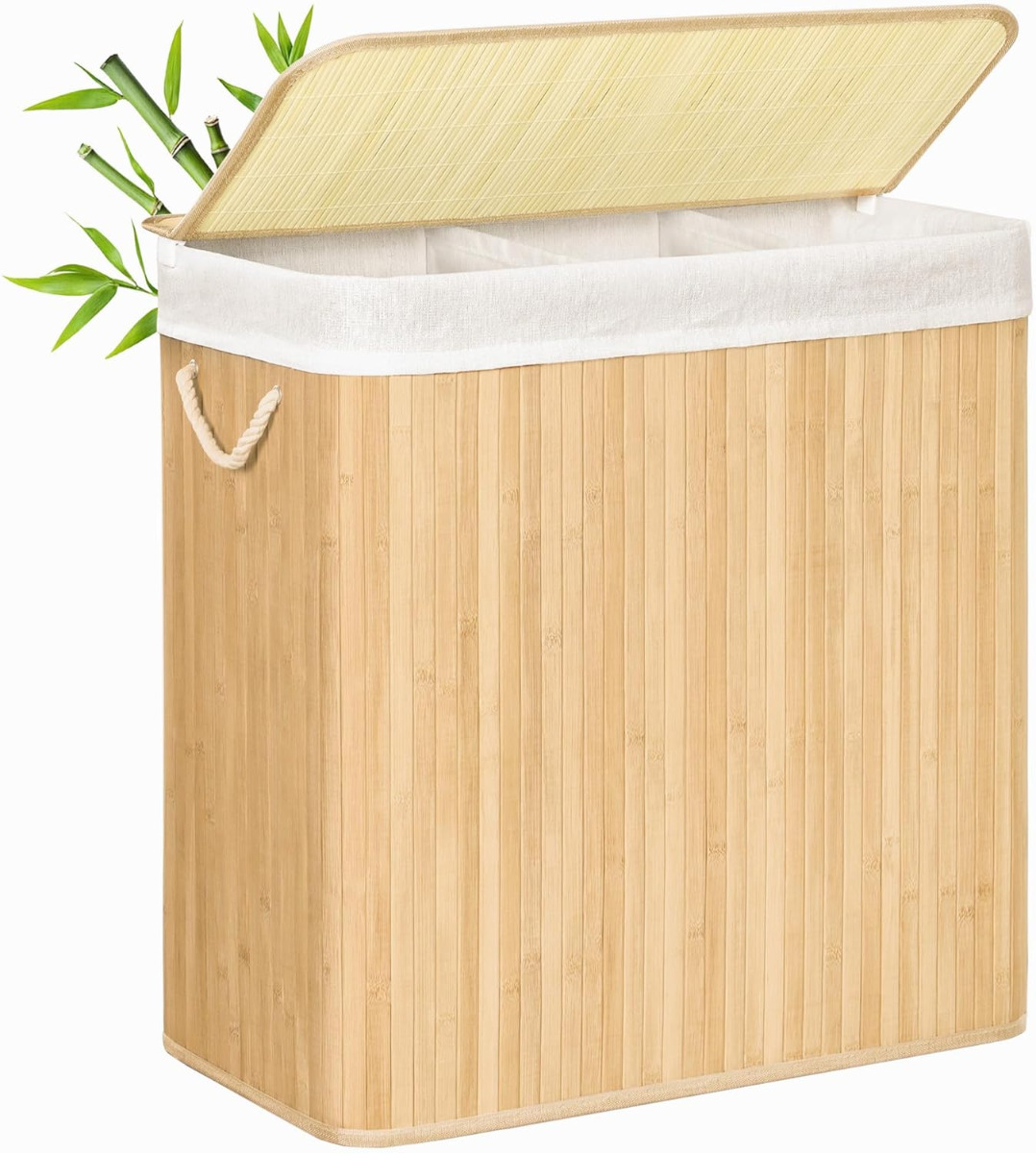 Wäschekorb Wäschebox Bambus 3 Fächer faltbar mit Griffen Naturfarbe