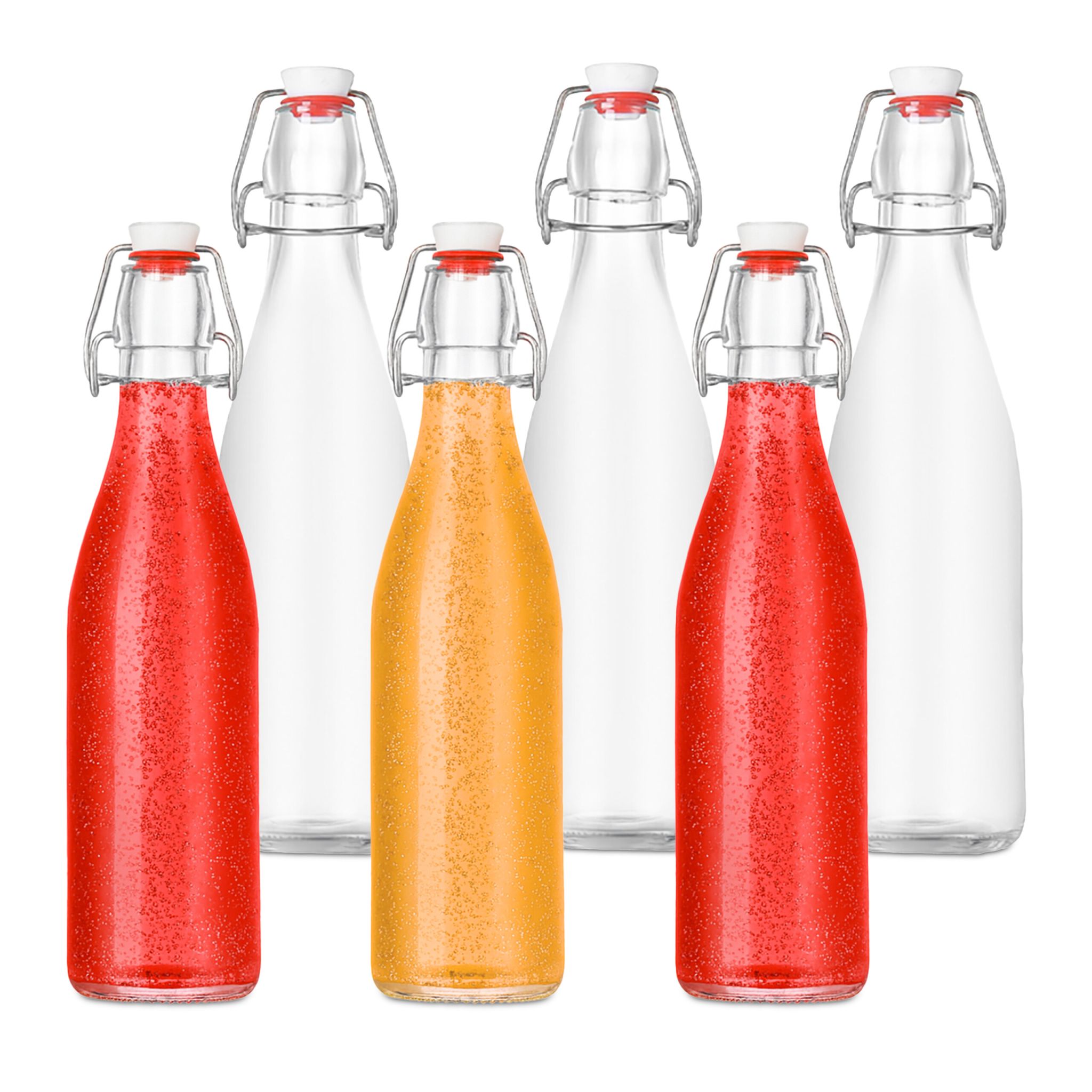 Flaschen zum Befüllen Bügelverschluss 6er-Set Rot-Silber-Transparent