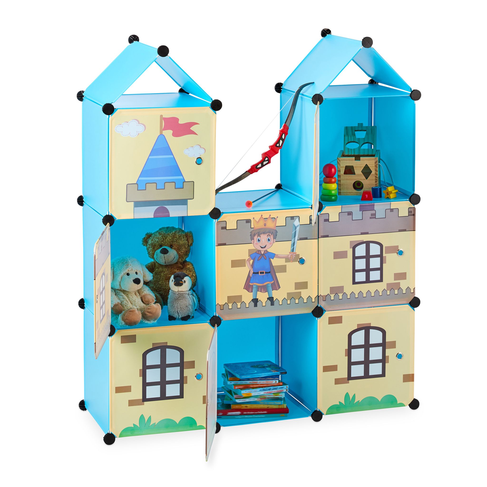 Steckregal Kinderzimmer als Ritterburg Blau-Gelb-Schwarz