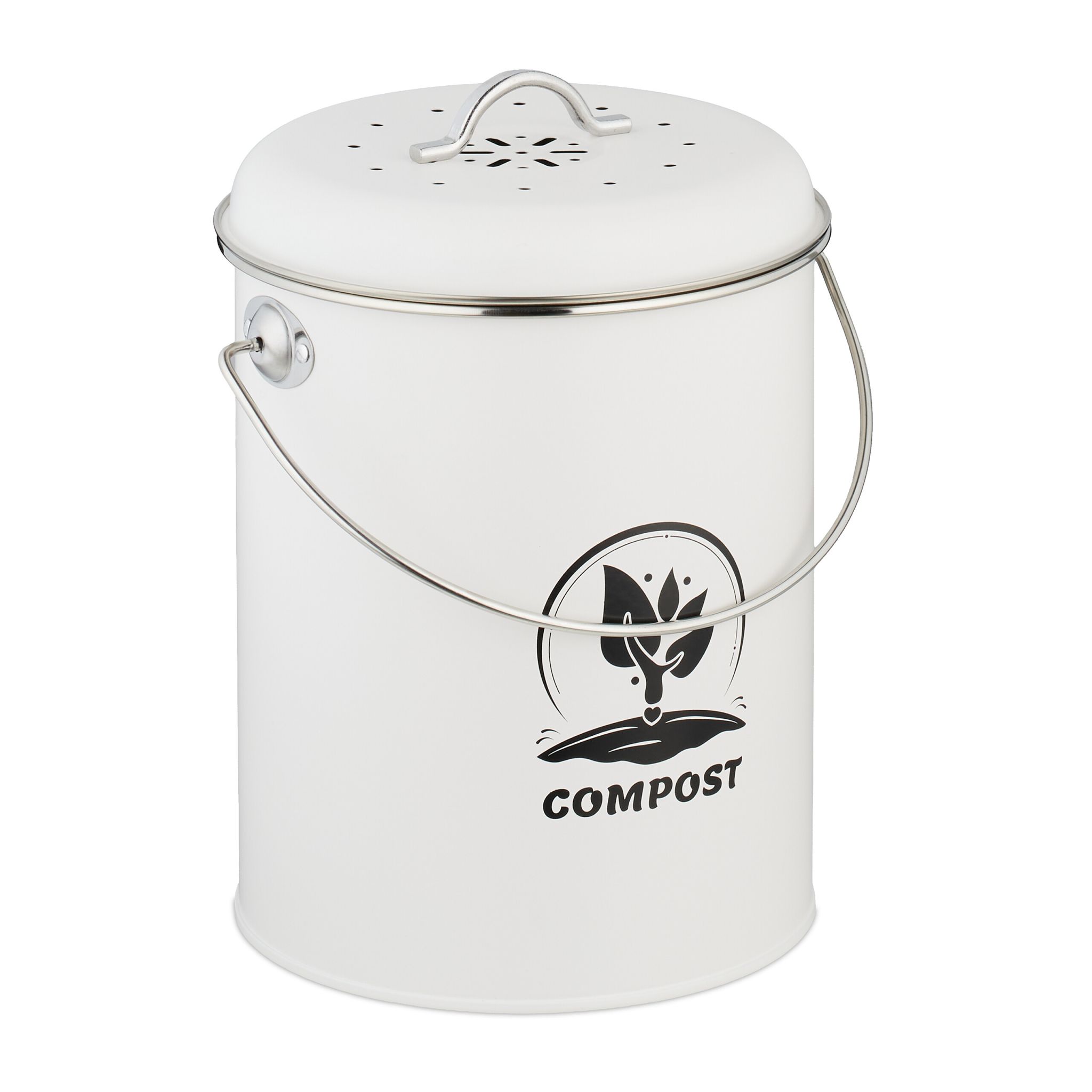 Komposteimer mit Geruchsfilter 5,5L Weiss-Schwarz-Silber
