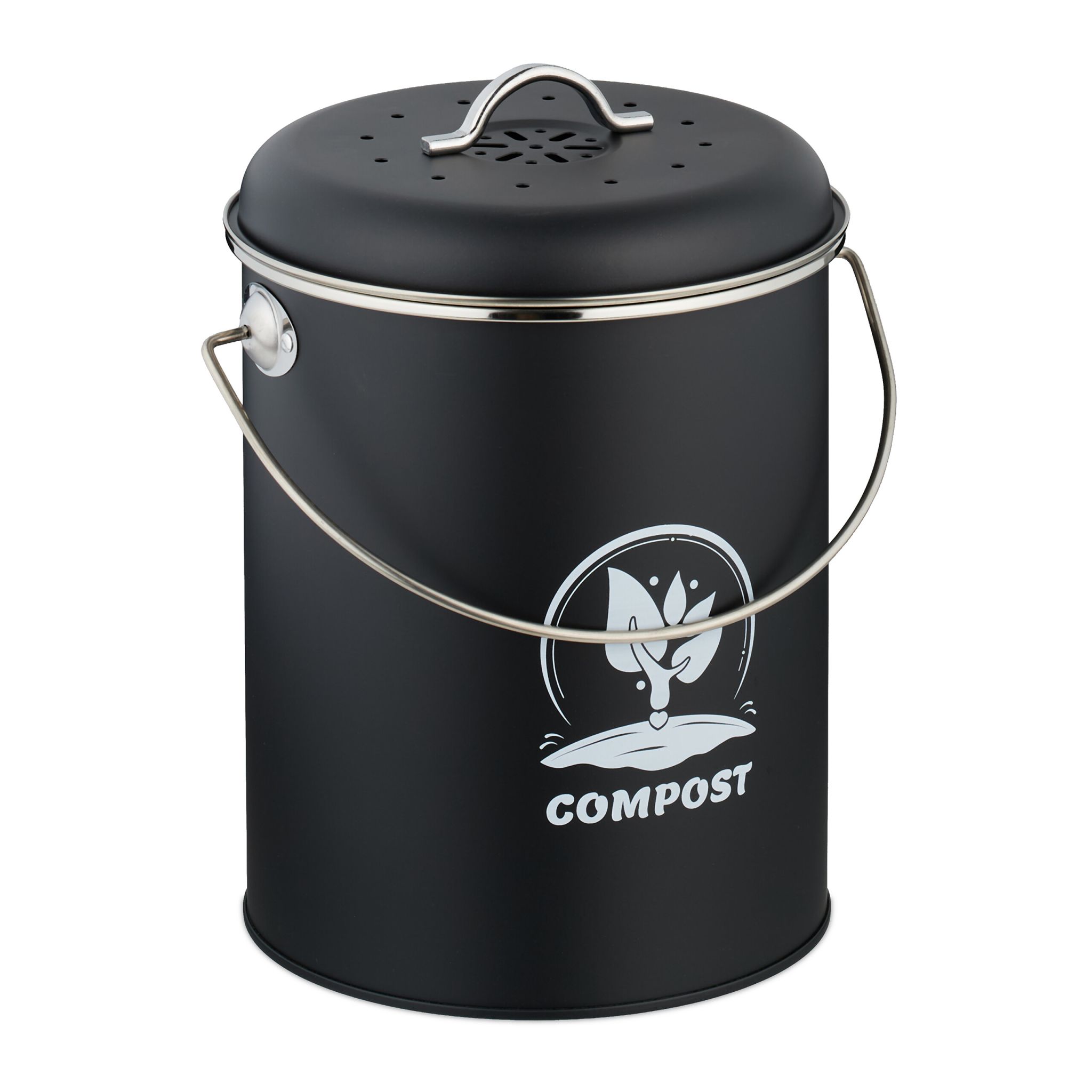 Komposteimer mit Geruchsfilter 5,5L Weiss-Schwarz-Silber