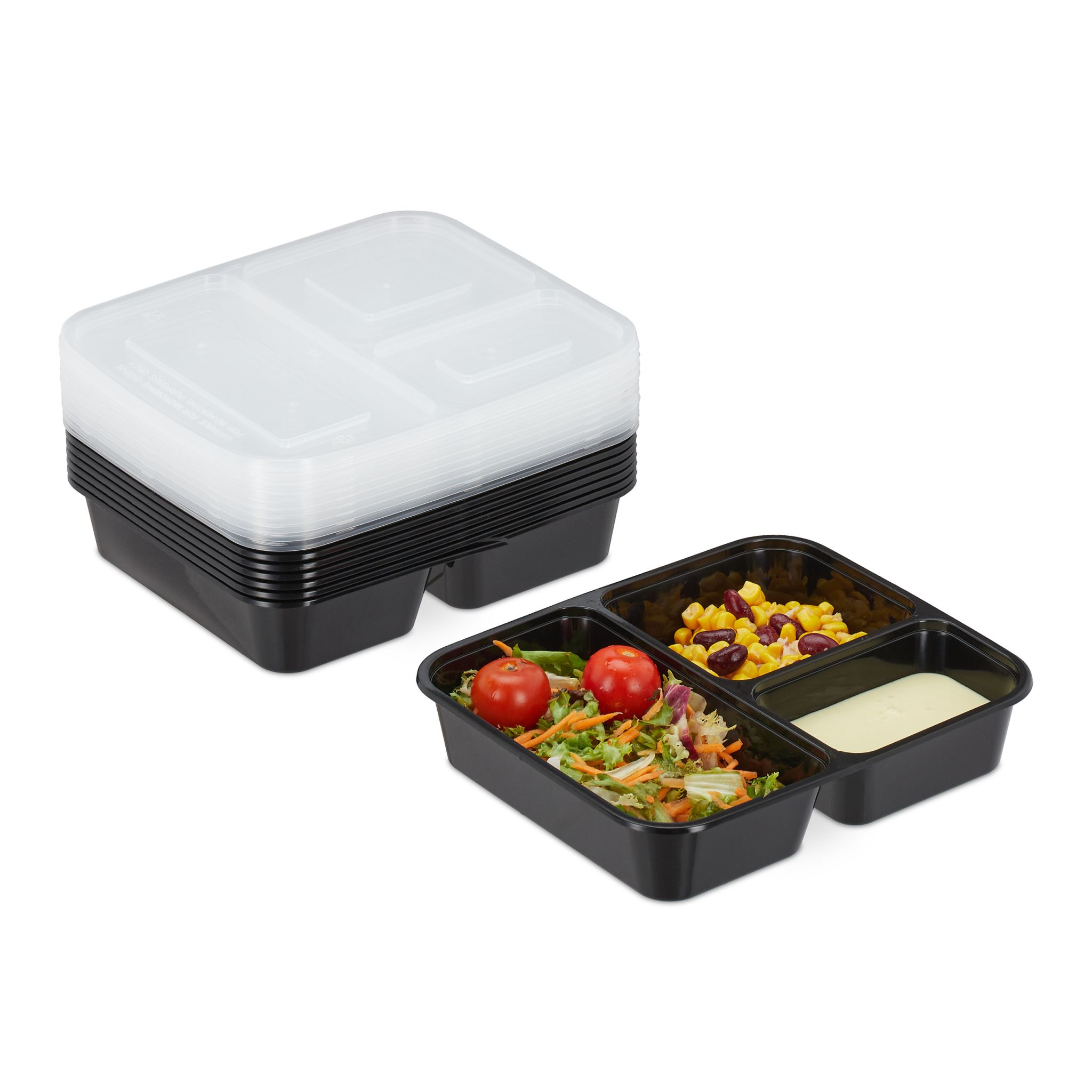 Meal Prep Boxen 3 Fächer 10er-Set Schwarz-Transparent